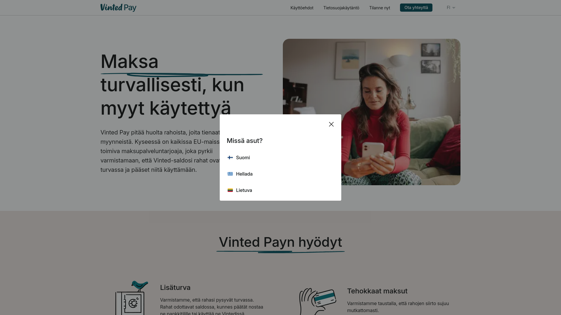 website screenshot of https://vintedpay.fi/
