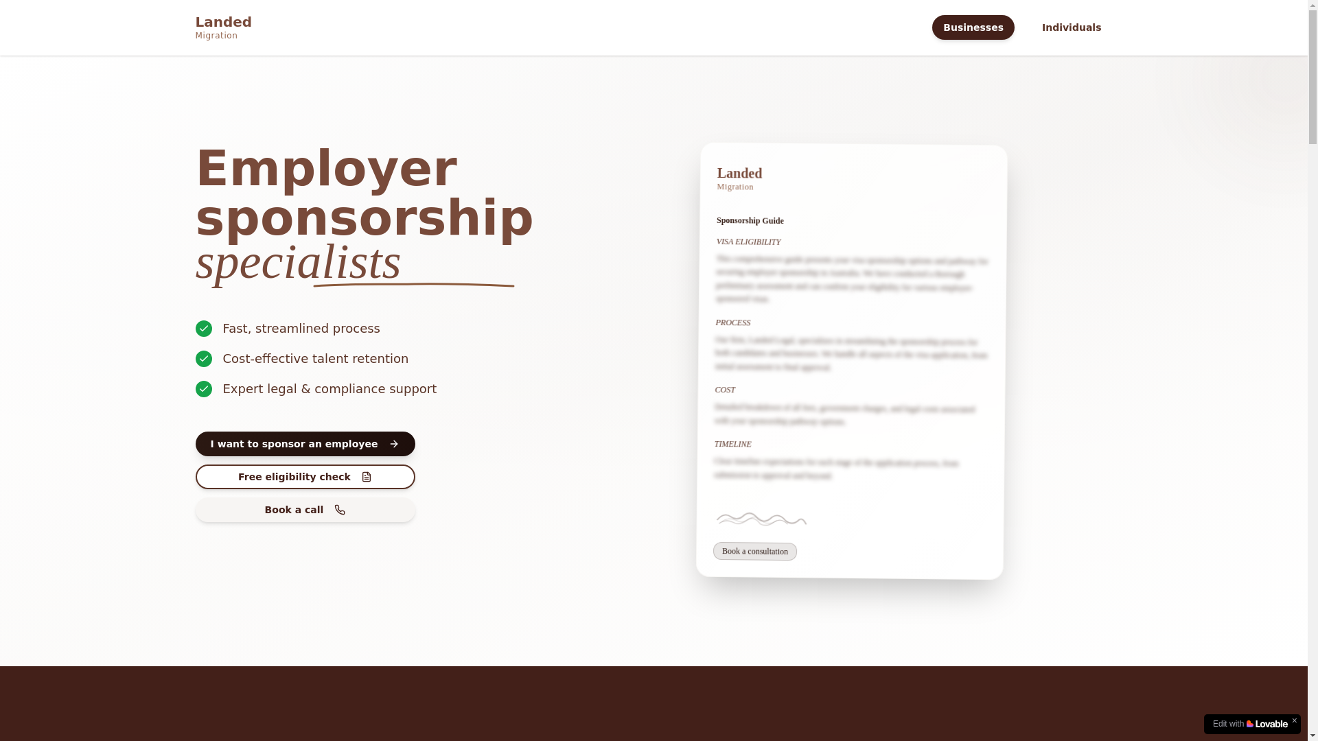 website screenshot of https://landedmigration.com.au/