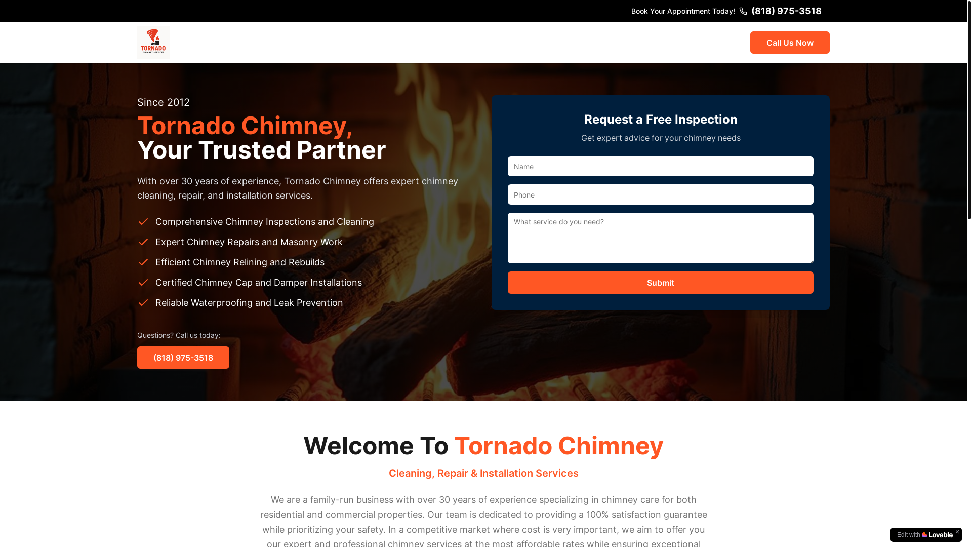 website screenshot of https://tornadochimneys.com/