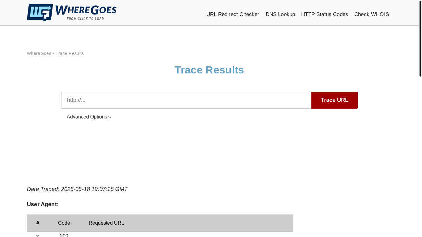 website screenshot of https://wheregoes.com/trace/20253375131/