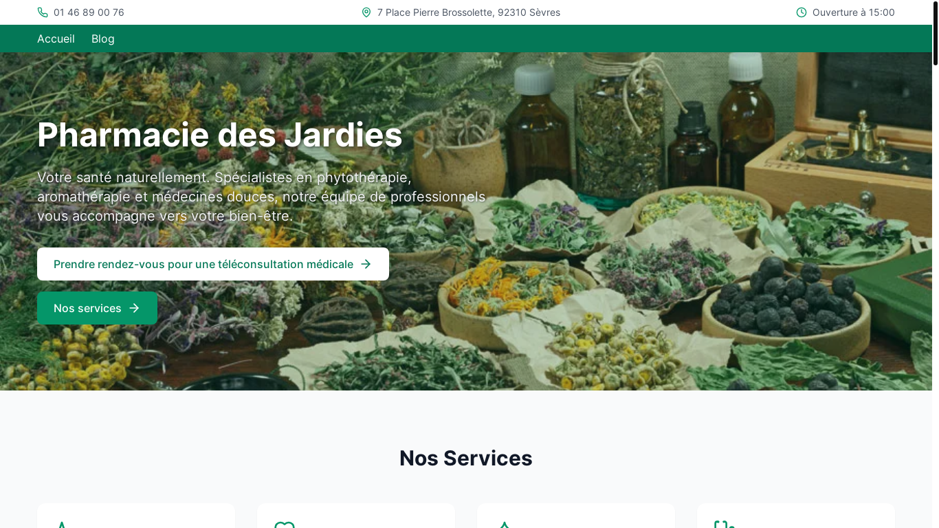 website screenshot of https://pharmaciedesjardies.fr/