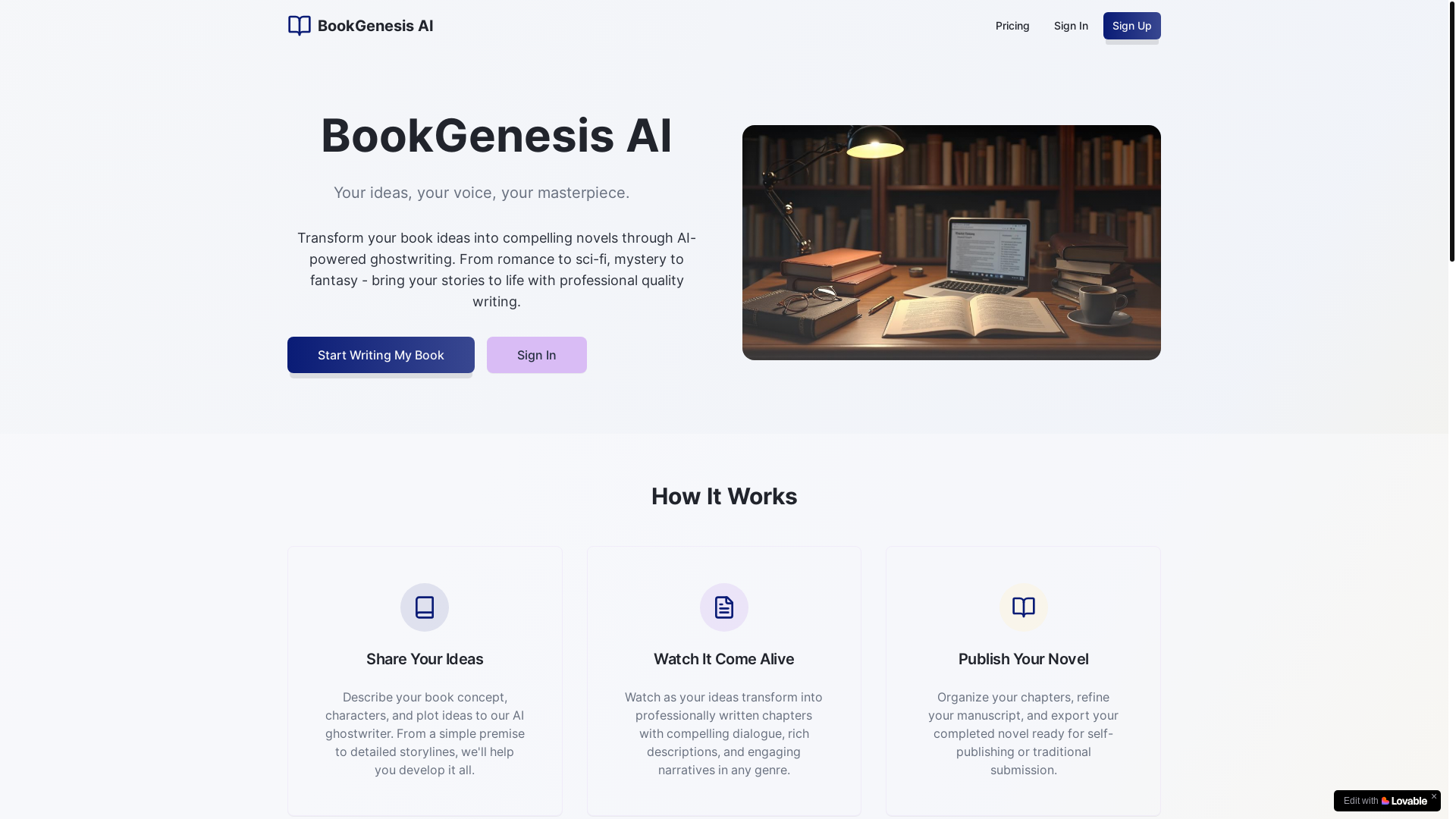 website screenshot of https://bookgenesis.ai/