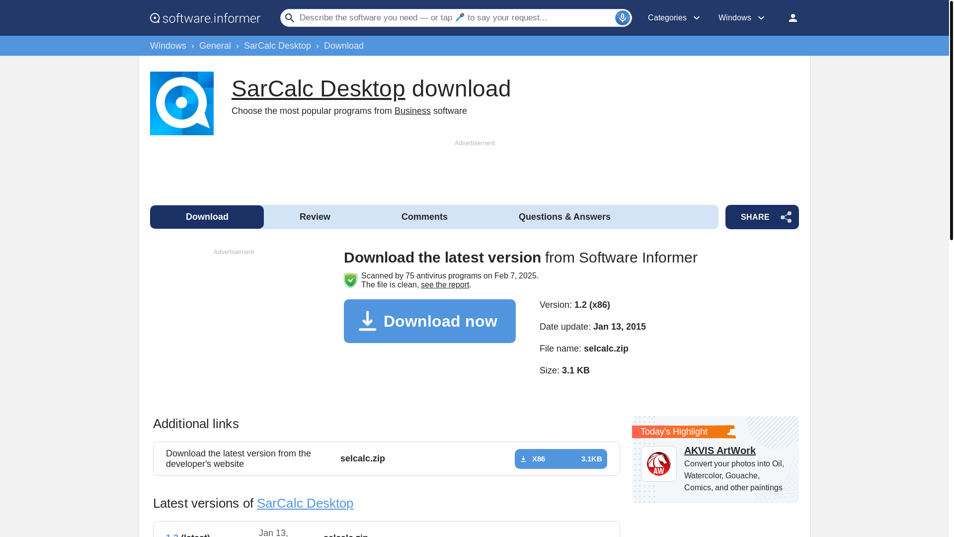 website screenshot of https://sarcalc-desktop.software.informer.com/download/