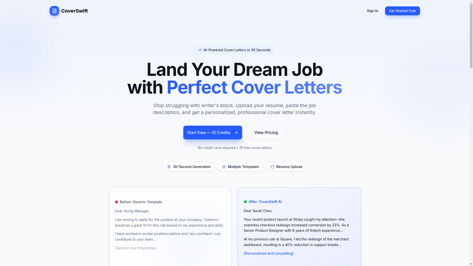 website screenshot of https://coverswift.one/