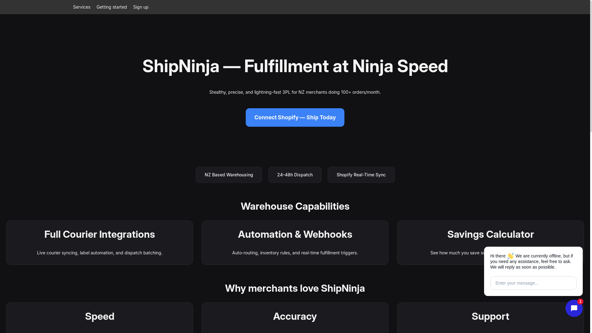 website screenshot of https://shipninja.nz/