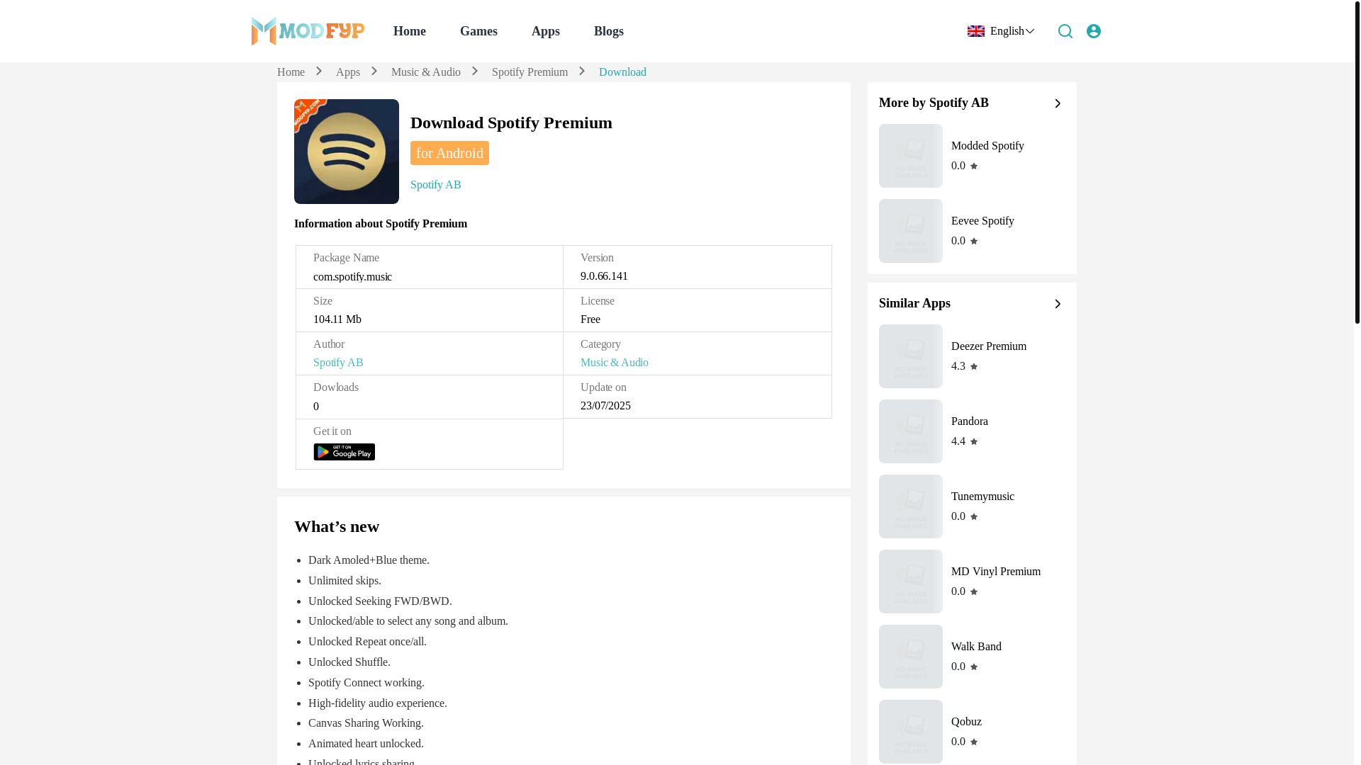 website screenshot of https://spotify-apk.modfyp.com/download/