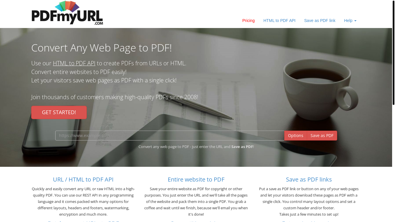 website screenshot of https://pdfmyurl.com/