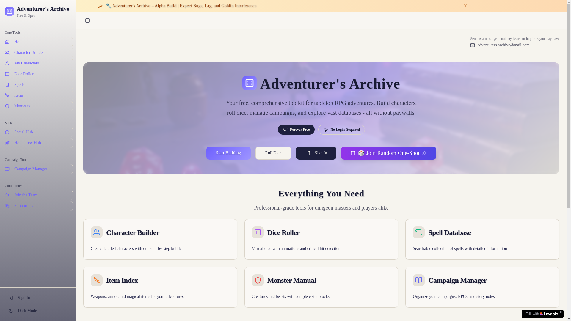 website screenshot of https://adventurers-archive.com/