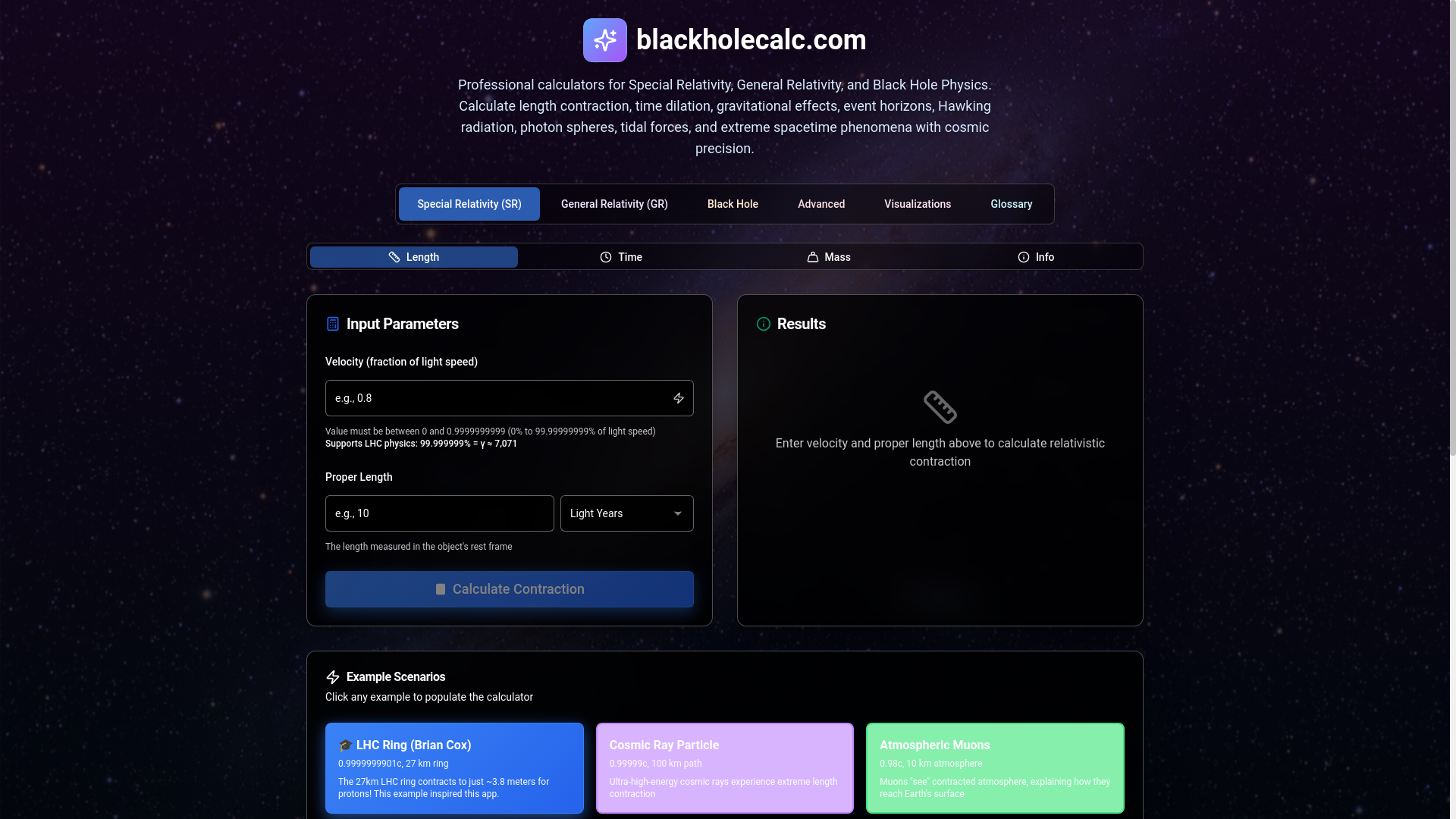 website screenshot of https://blackholecalc.com/