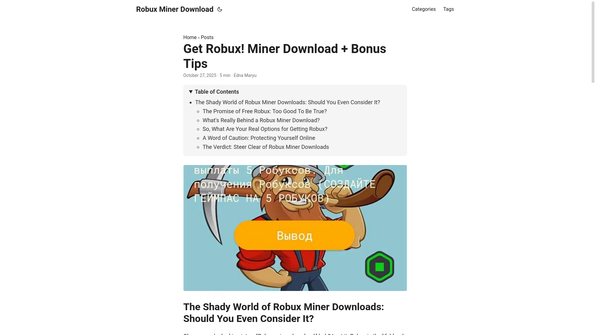 website screenshot of https://robux-miner-download.pages.dev/