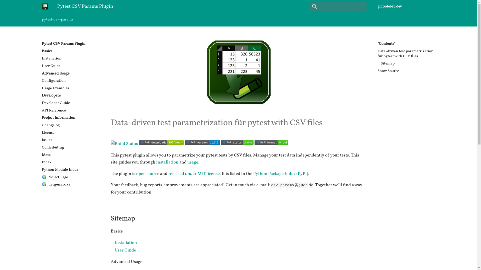 website screenshot of https://docs.codebau.dev/pytest-plugins/pytest-csv-params/