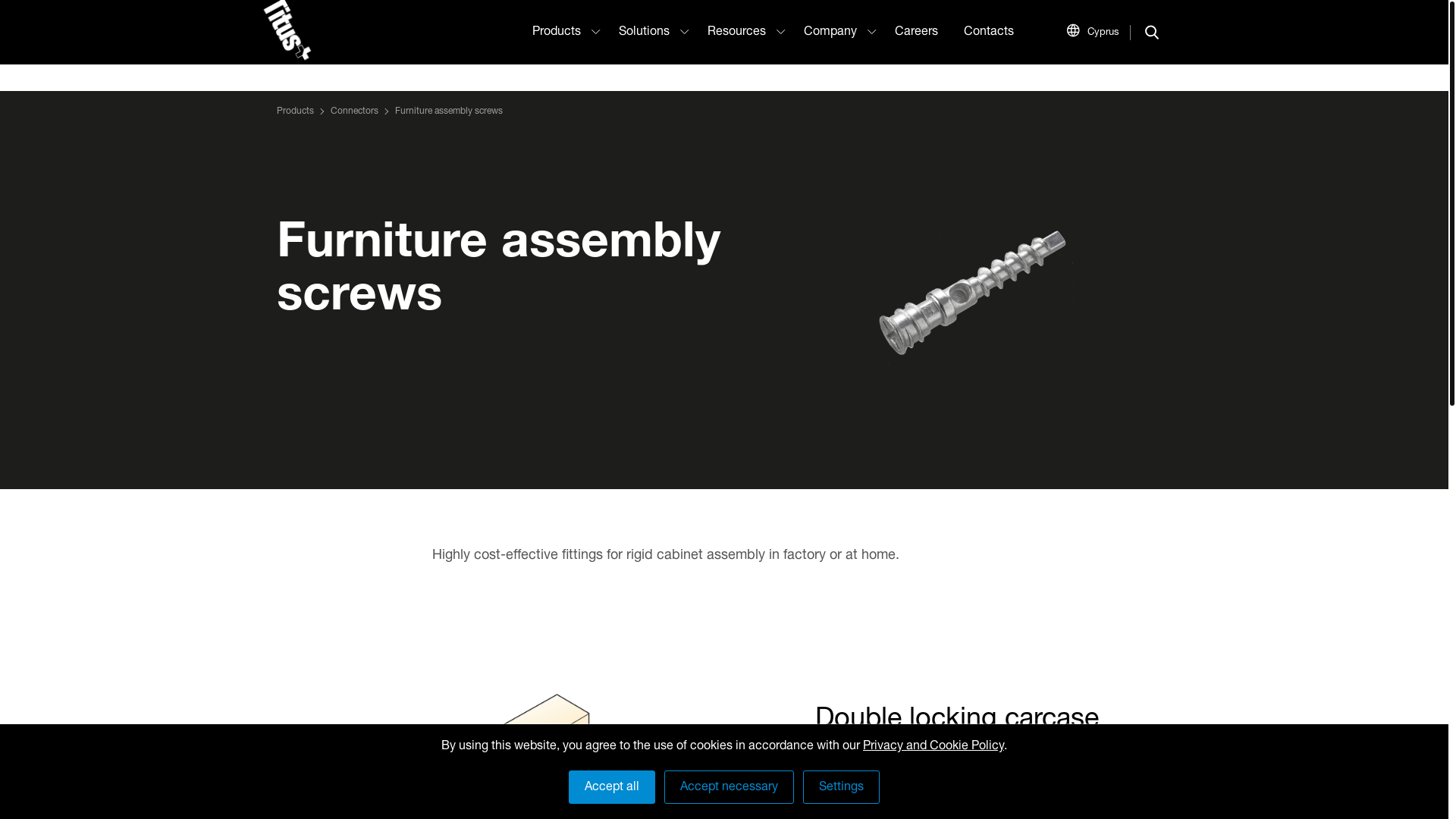 website screenshot of https://www.titusplus.com/cy/en/products/cabinet-connectors/furniture-assembly-screws