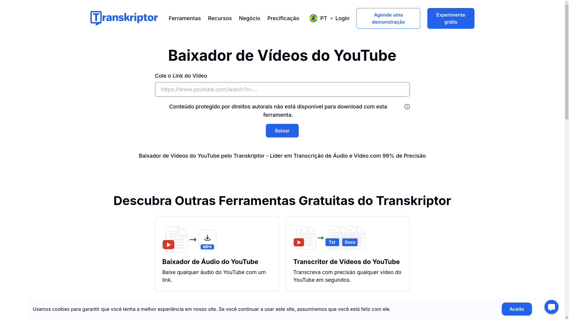 website screenshot of https://transkriptor.com/pt-br/downloader-de-video-do-youtube/