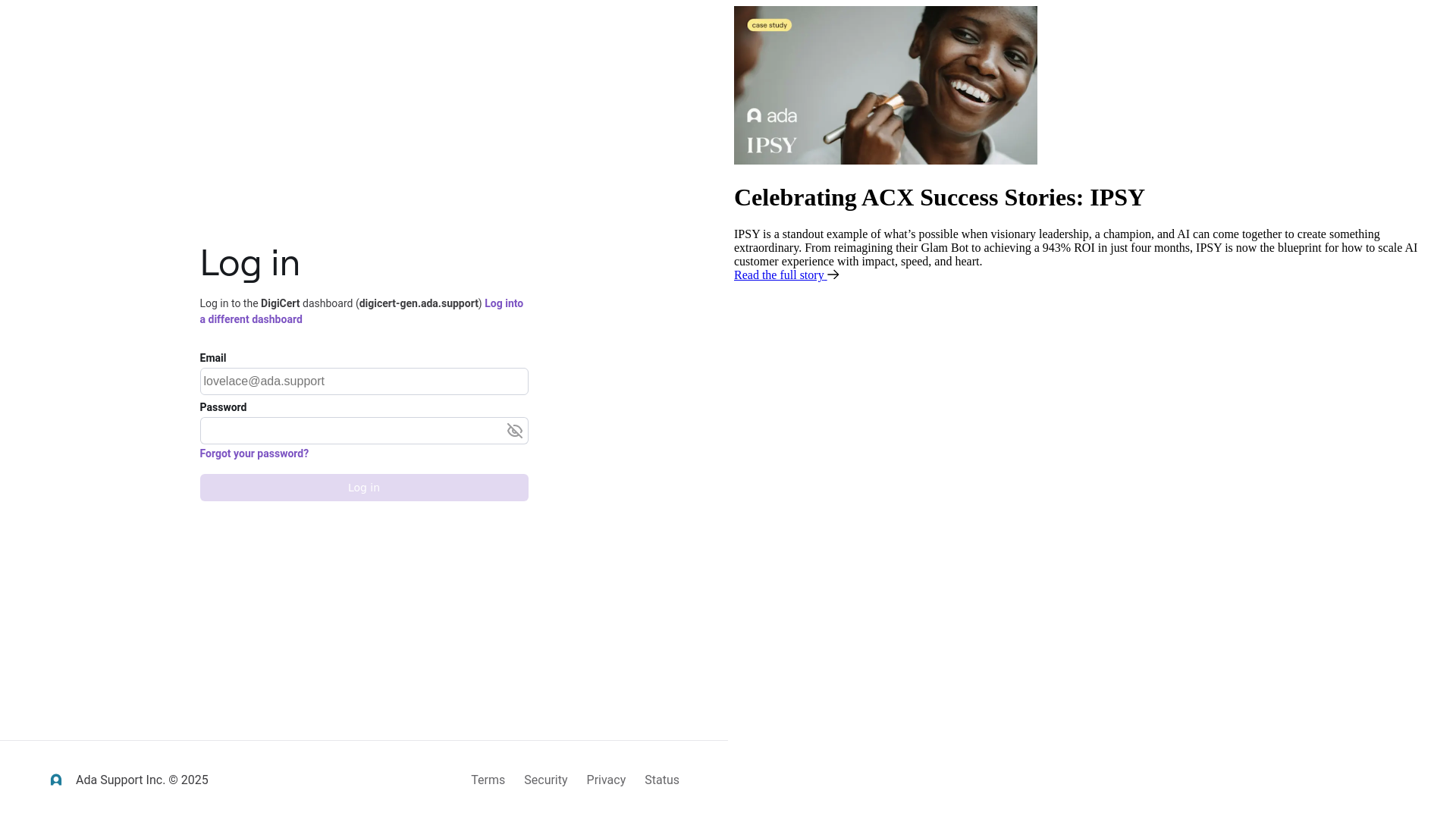 website screenshot of https://digicert-gen.ada.support/