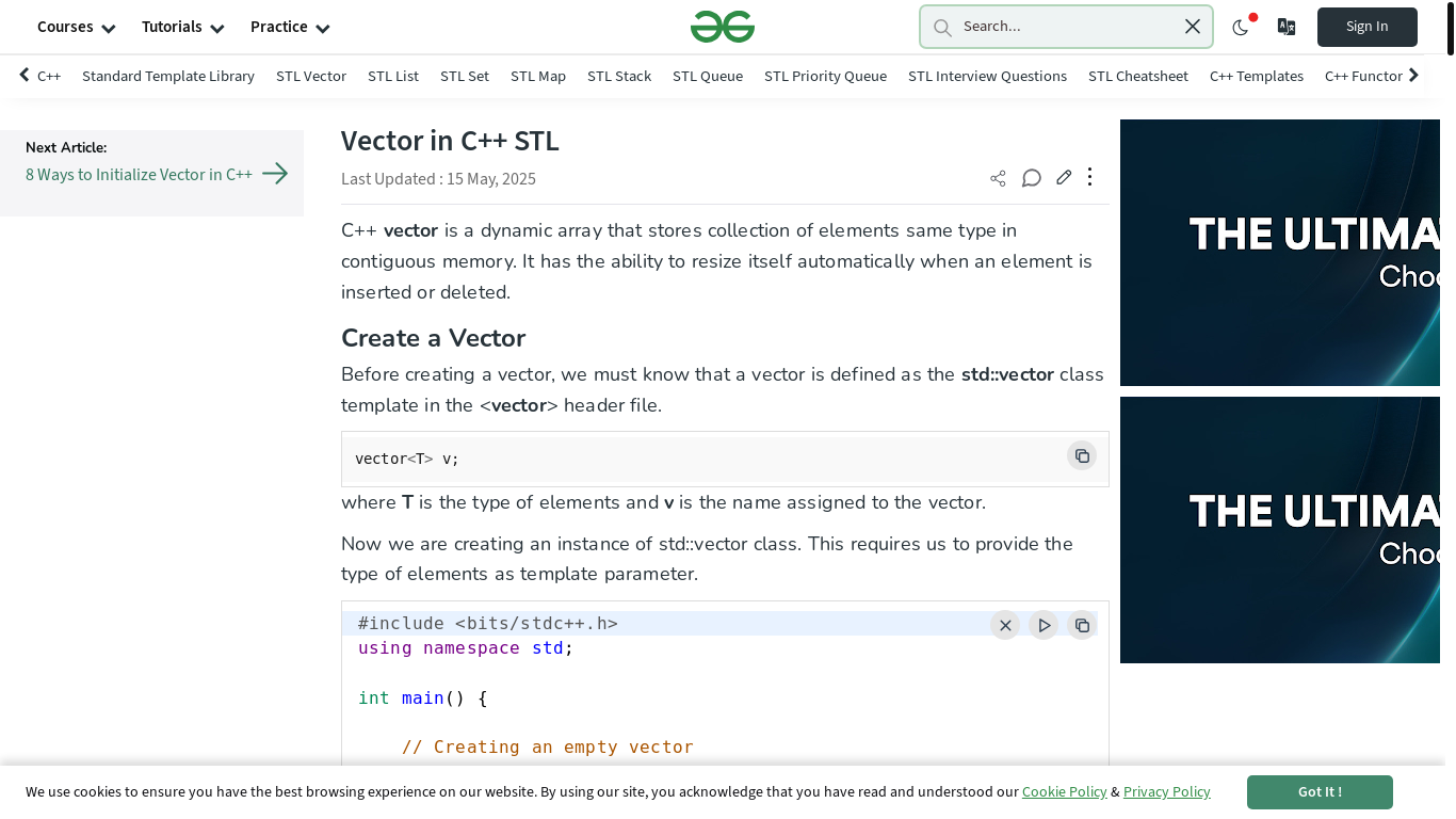 website screenshot of https://www.geeksforgeeks.org/cpp/vector-in-cpp-stl/