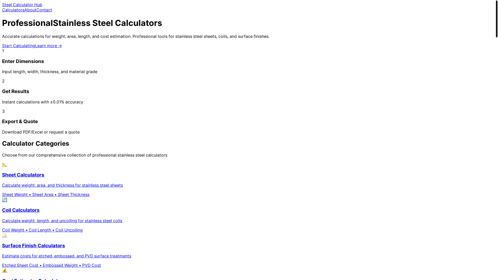 website screenshot of https://stainless-steel-calculator-hub.pages.dev/