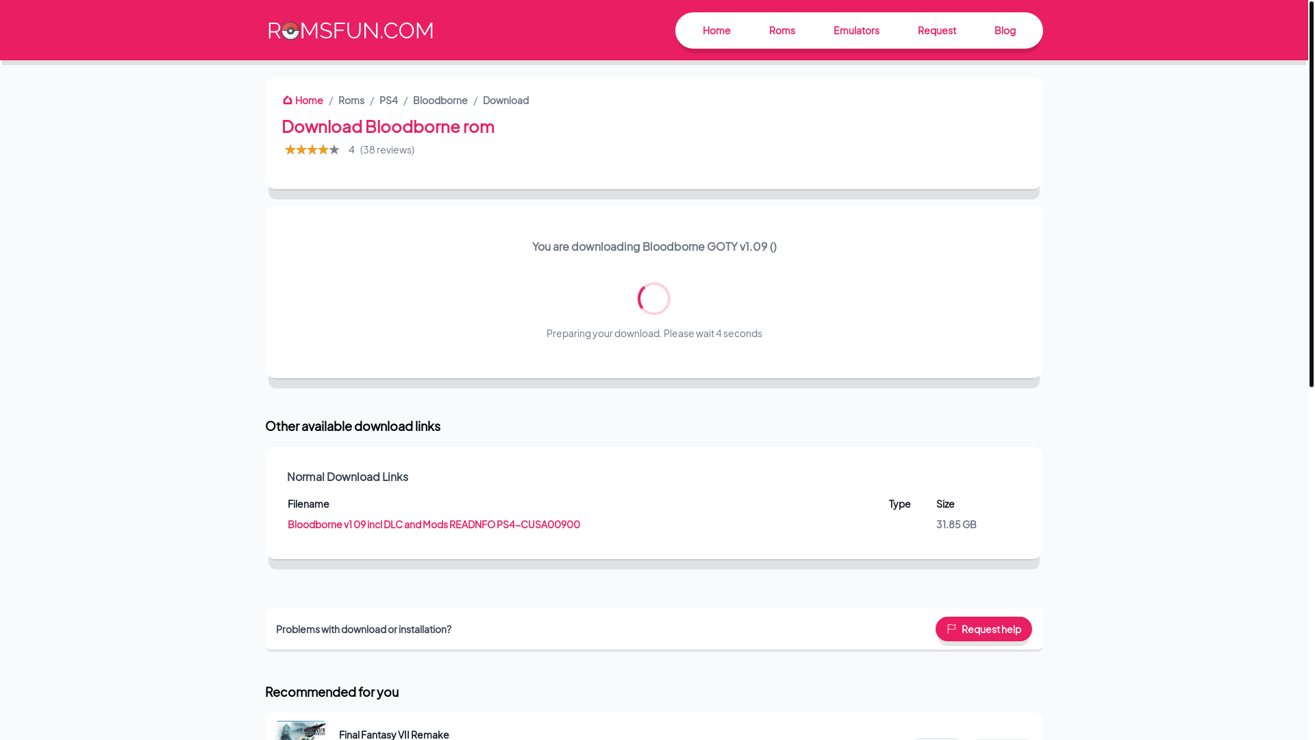 website screenshot of https://romsfun.com/download/bloodborne-226248/1