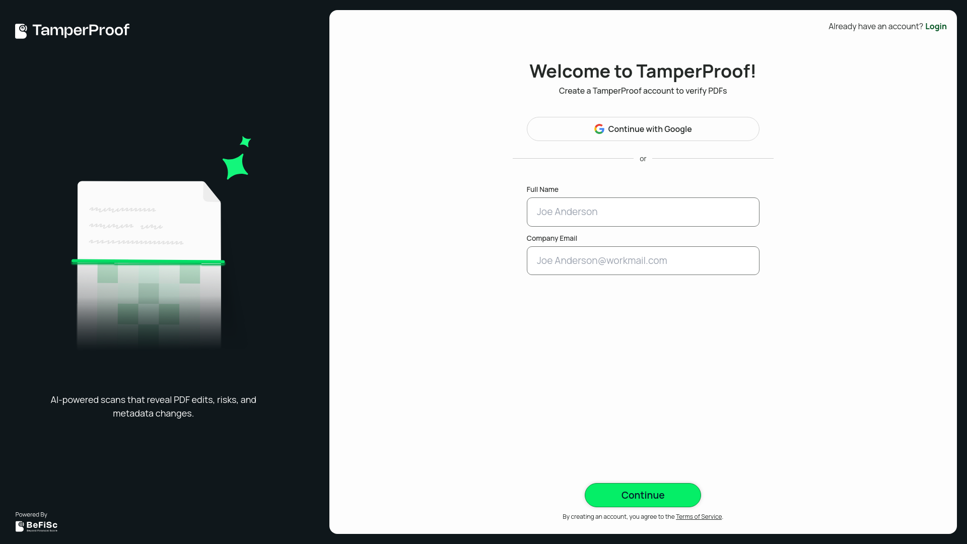 website screenshot of https://dashboard.tamperproof.co