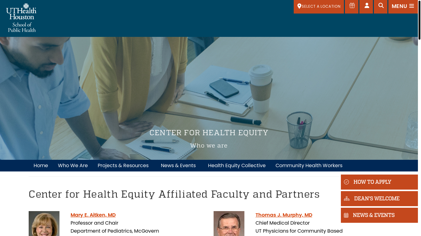 website screenshot of https://sph.uth.edu/research/centers/che/who-we-are