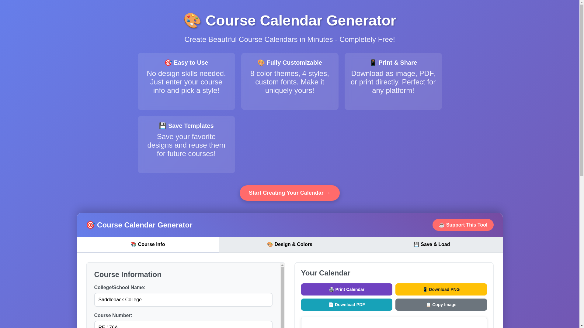 website screenshot of https://coursecalendargenerator.com/