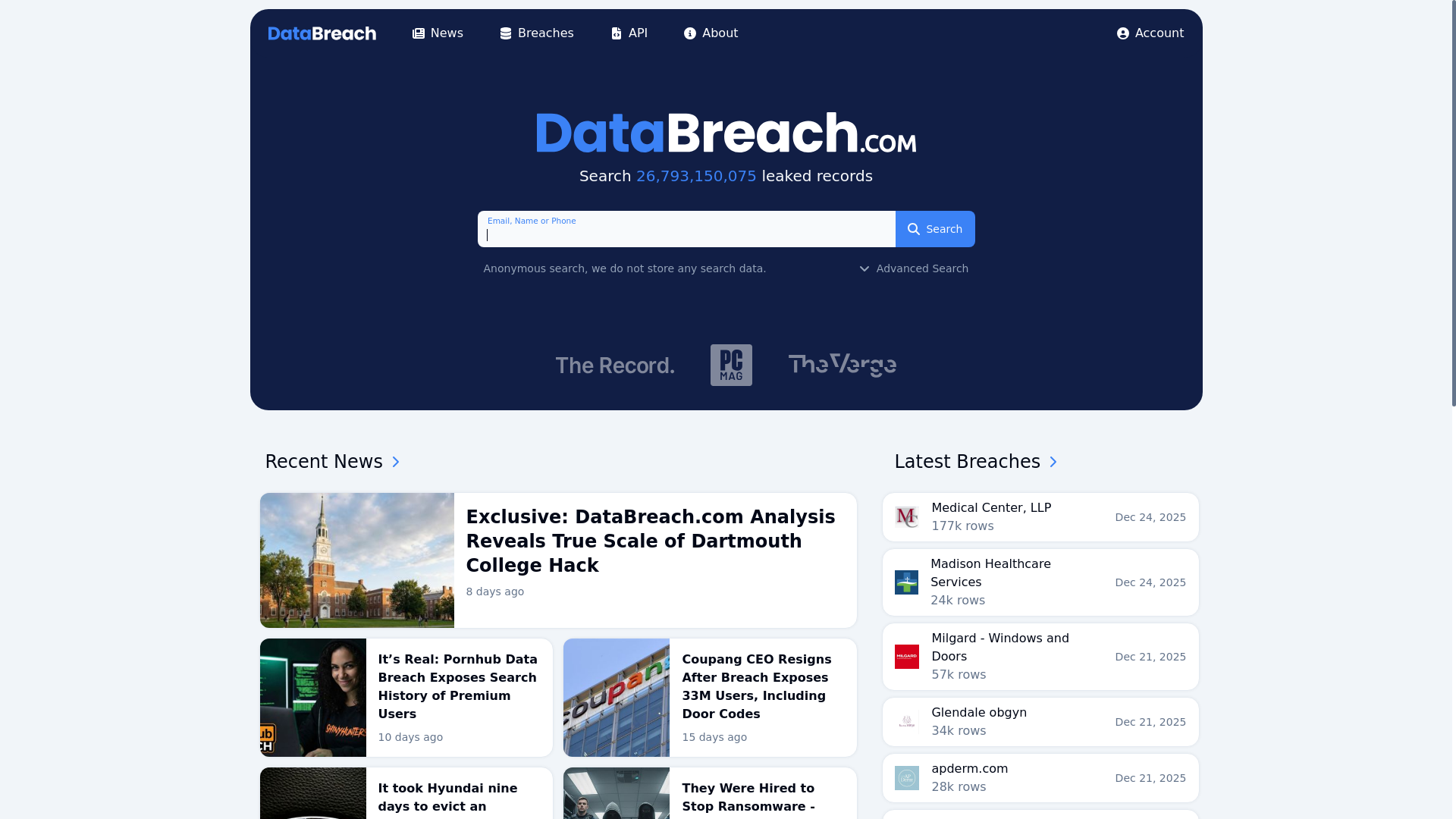 website screenshot of https://databreach.com/