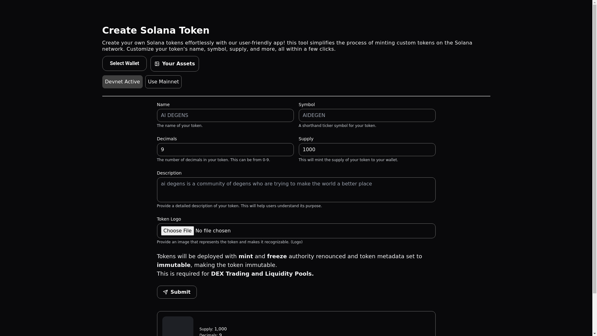 website screenshot of https://spl-token-creator.pages.dev/