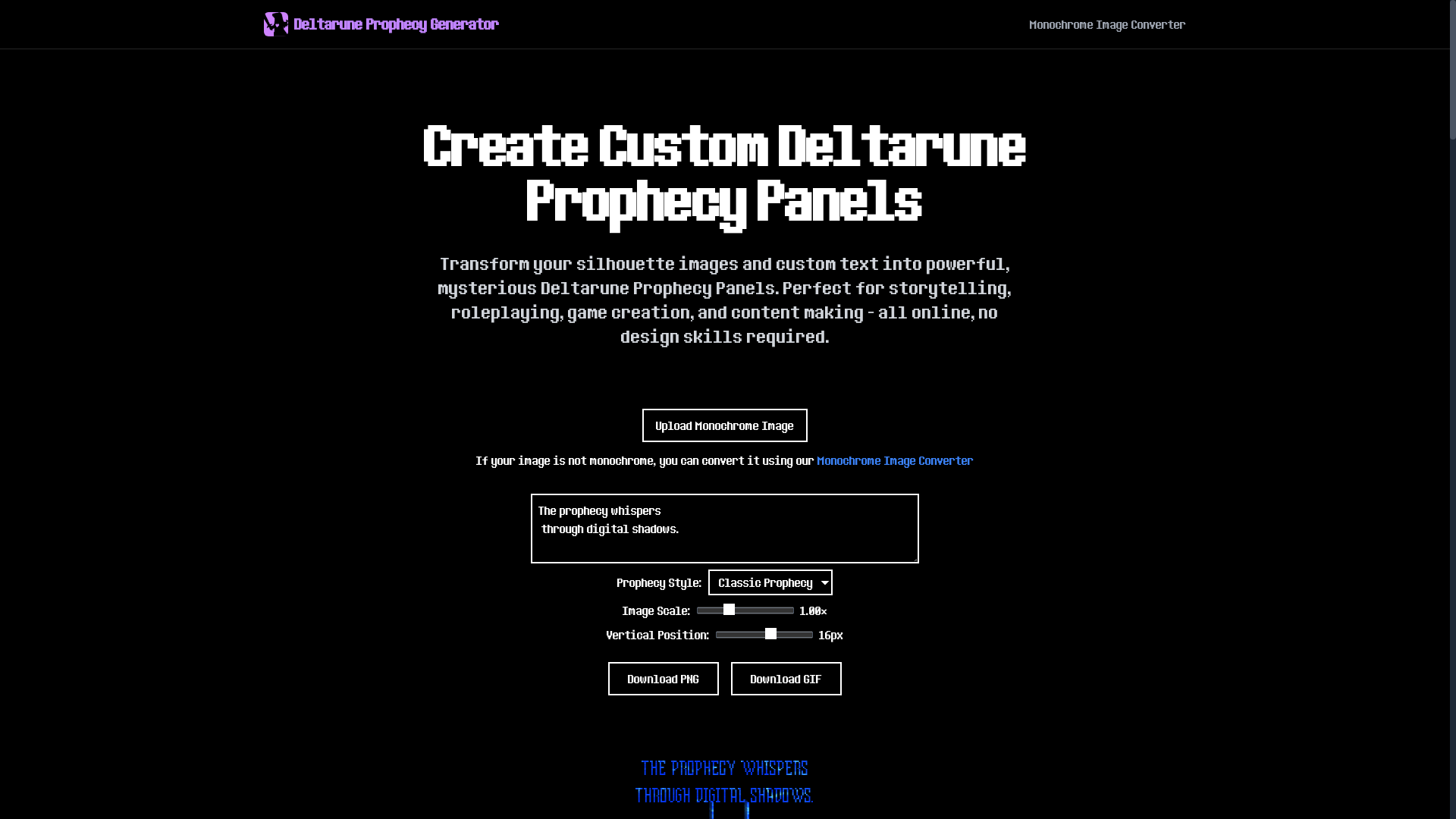 website screenshot of https://deltaruneprophecygenerator.pages.dev/