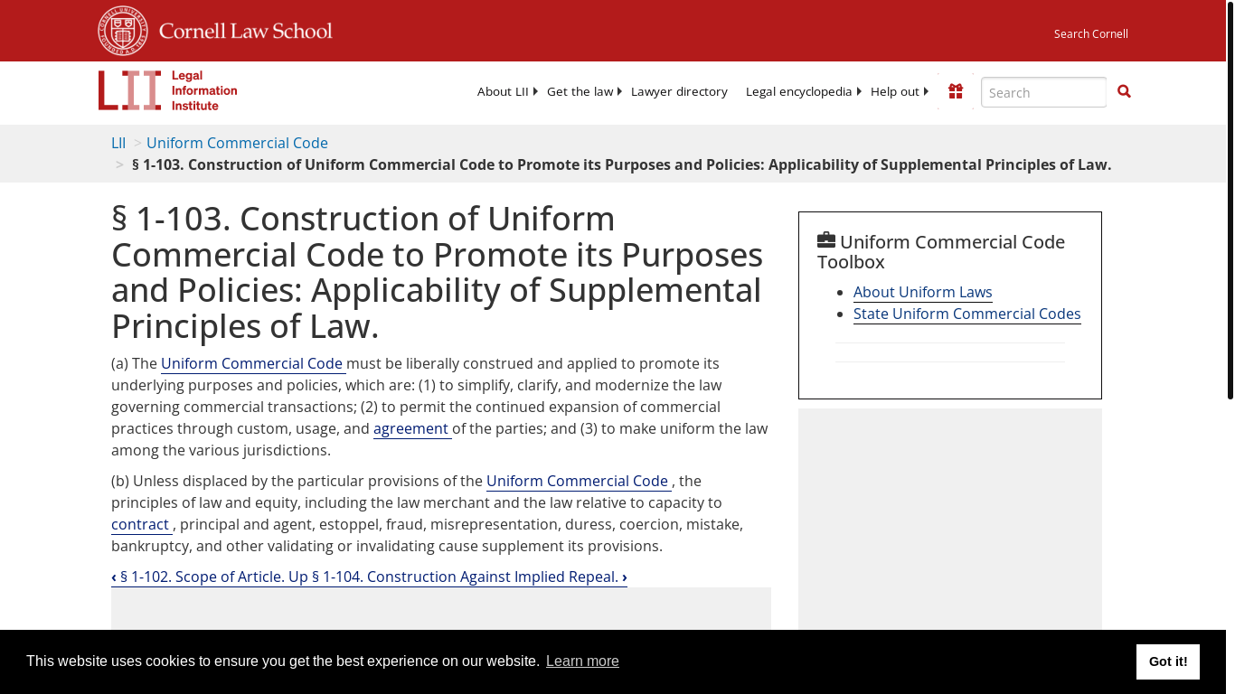 website screenshot of https://www.law.cornell.edu/ucc/1/1-103