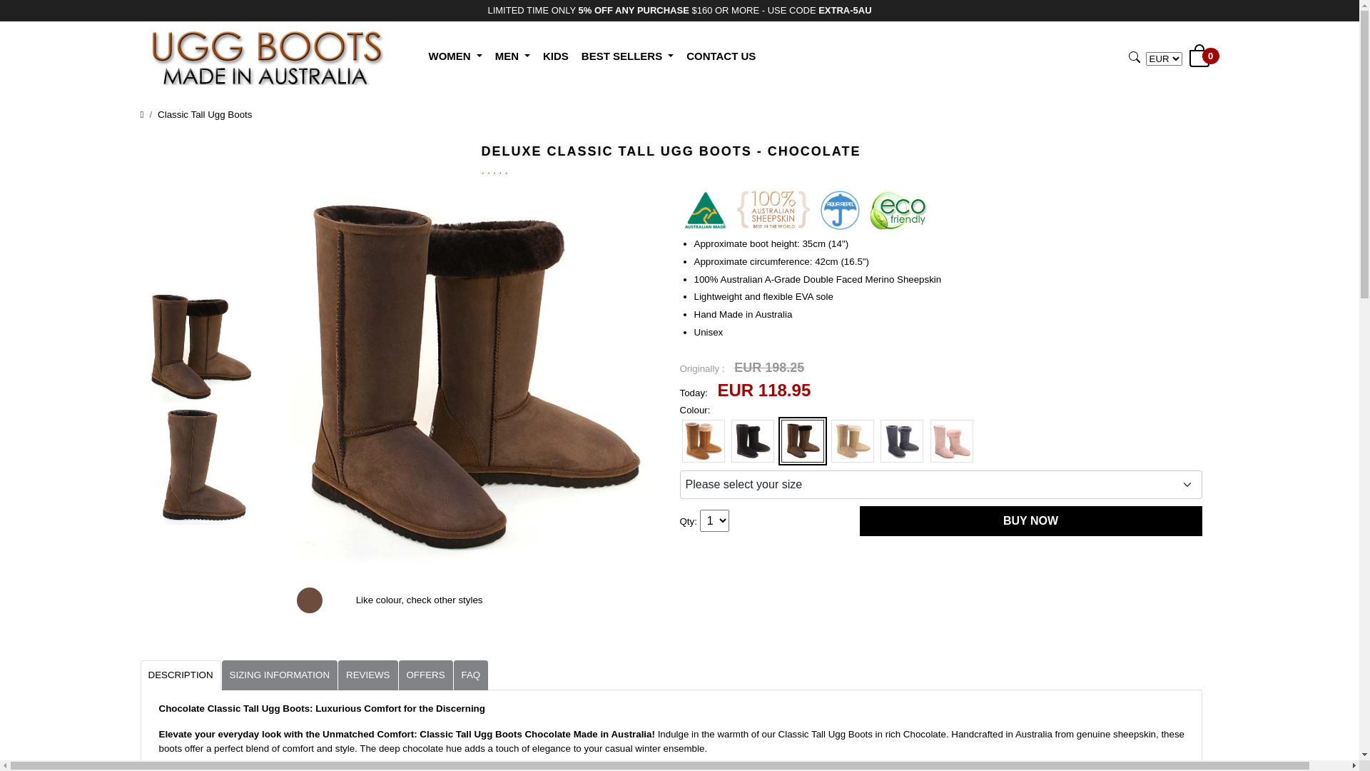 website screenshot of https://www.uggbootsmadeinaustralia.com.au/Classic_Tall_Ugg_Boots_Chocolate/EUR