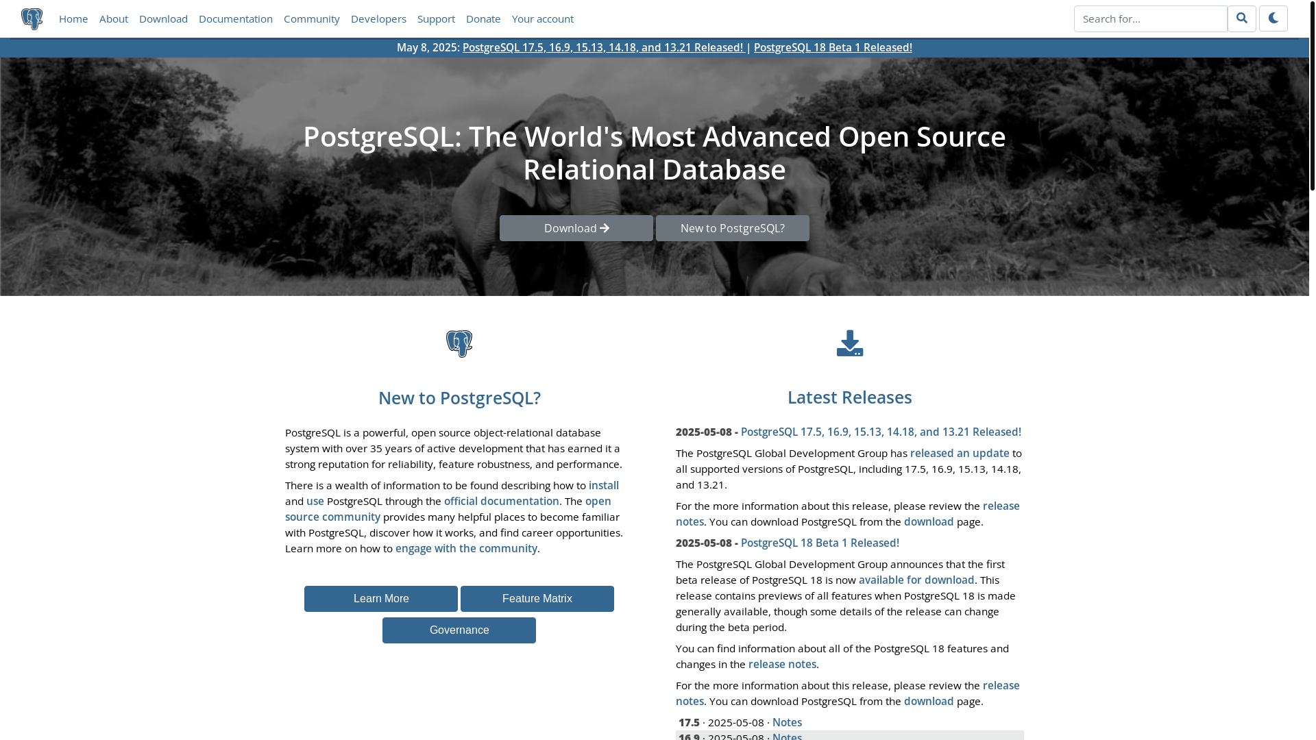 website screenshot of https://postgresql.org