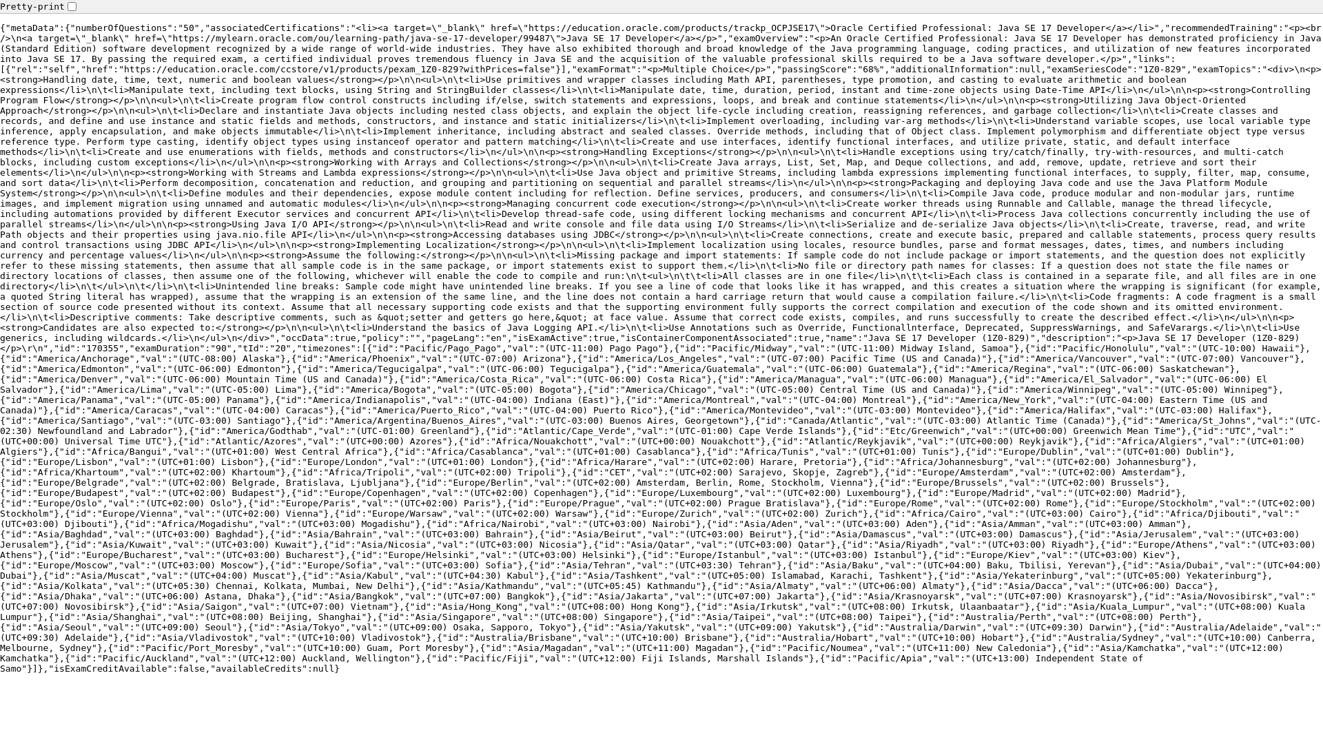 website screenshot of https://mylearn.oracle.com/api/eml-learner/exam-credits/page-info/110649/170355