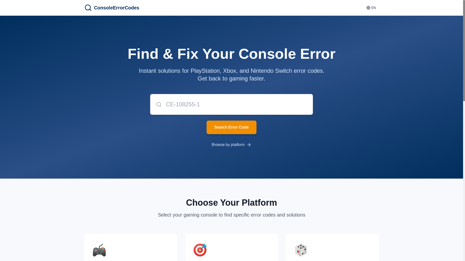 website screenshot of https://consoleerrorcodes.com/