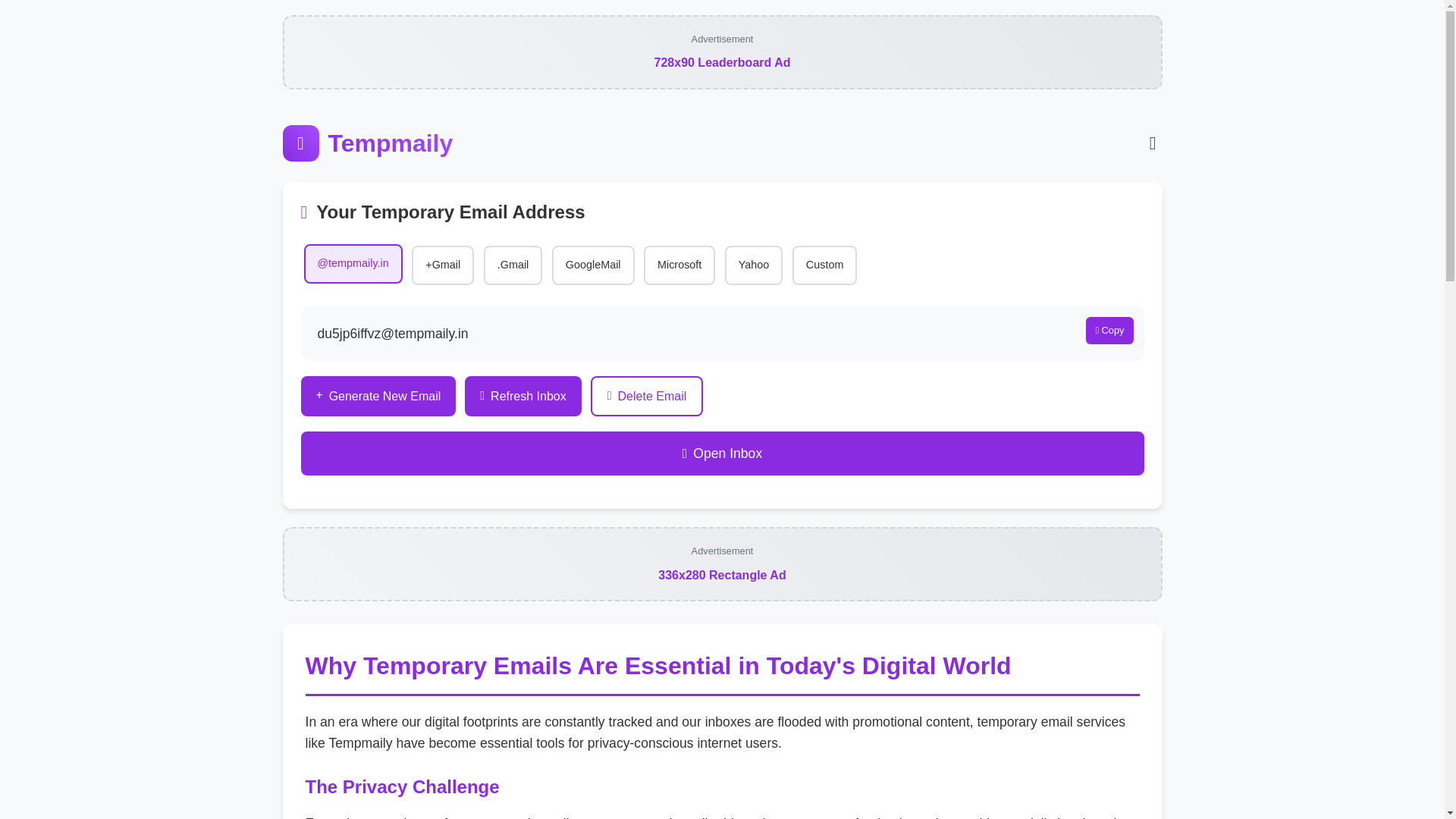 website screenshot of https://tempmaily.in/