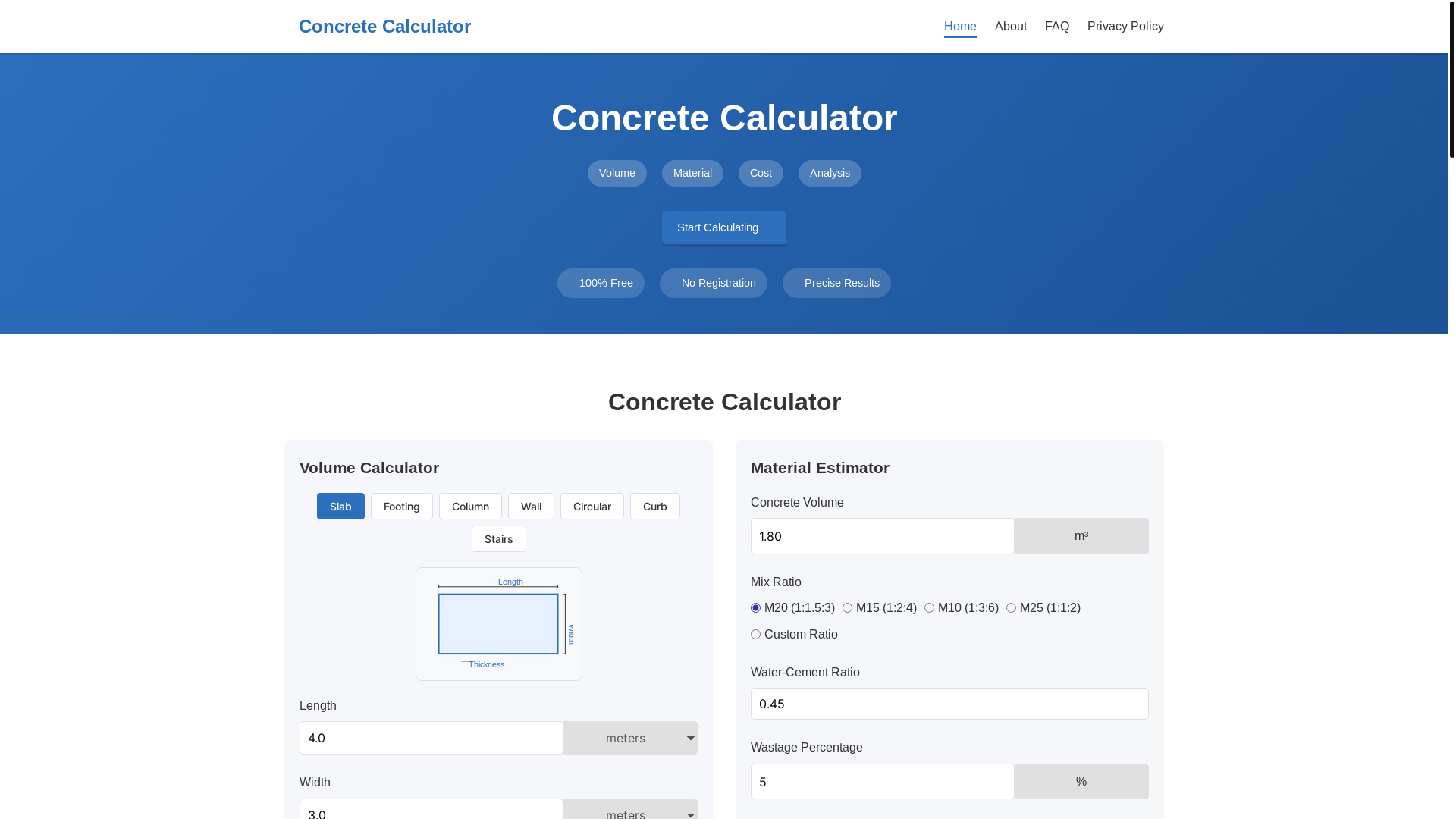 website screenshot of https://concretecalculator.top/