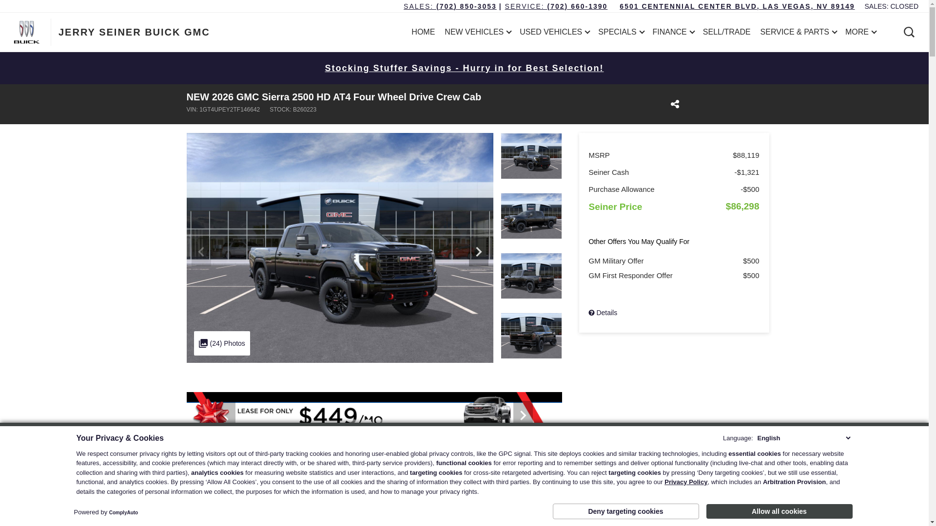 website screenshot of https://www.seinerbuickgmc.com/inventory/new-2026-gmc-sierra-2500-hd-at4-four-wheel-drive-crew-cab-1gt4upey2tf146642/?utm_source=Google&utm_medium=Organic&utm_campaign=chd_carsforsale