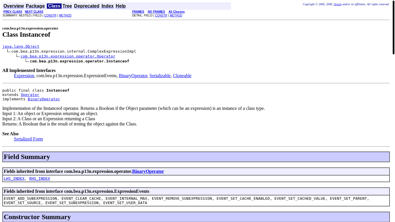 website screenshot of https://docs.oracle.com/cd/E13155_01/wlp/docs103/javadoc/com/bea/p13n/expression/operator/Instanceof.html