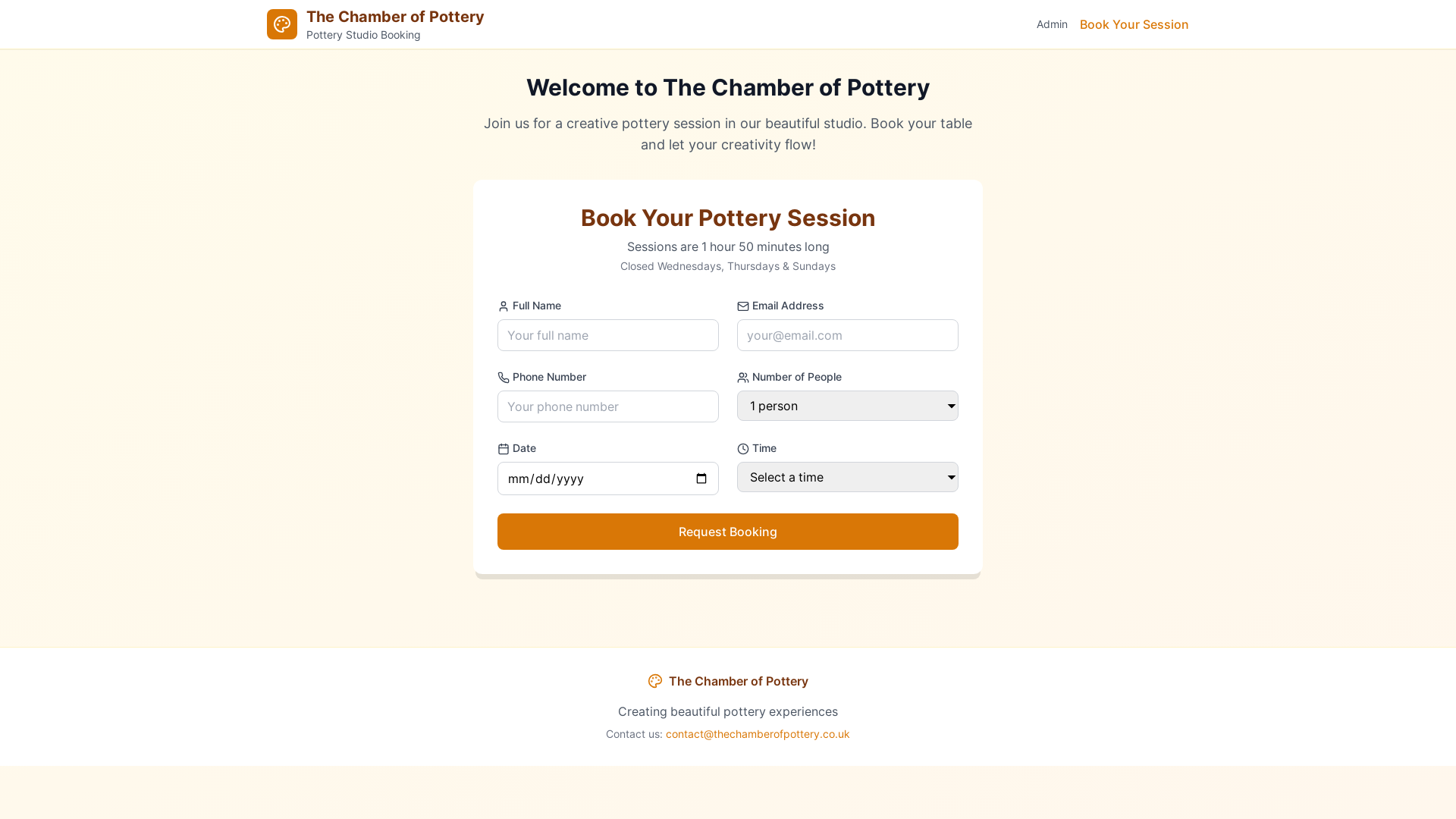 website screenshot of https://thechamberofpotterybooking.com/