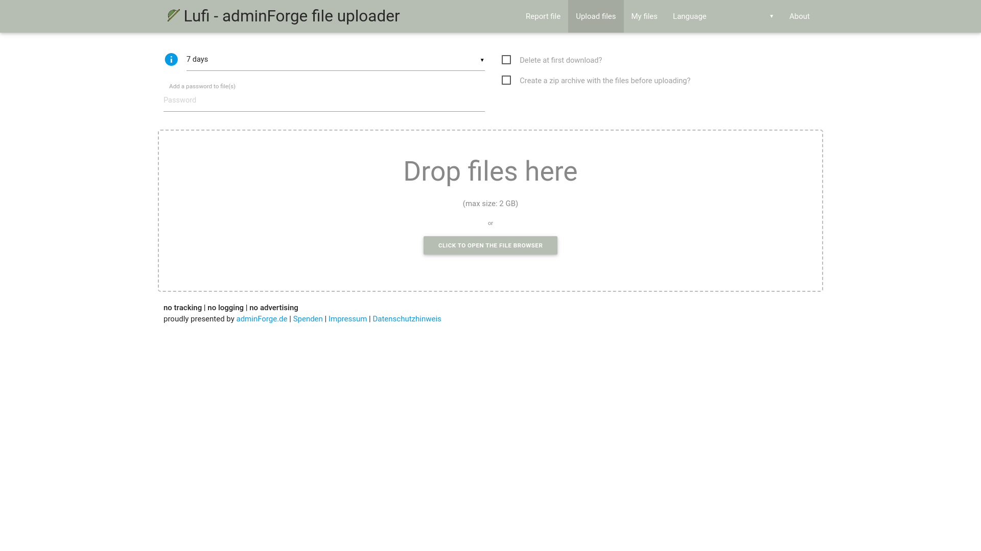 website screenshot of https://upload.adminforge.de/