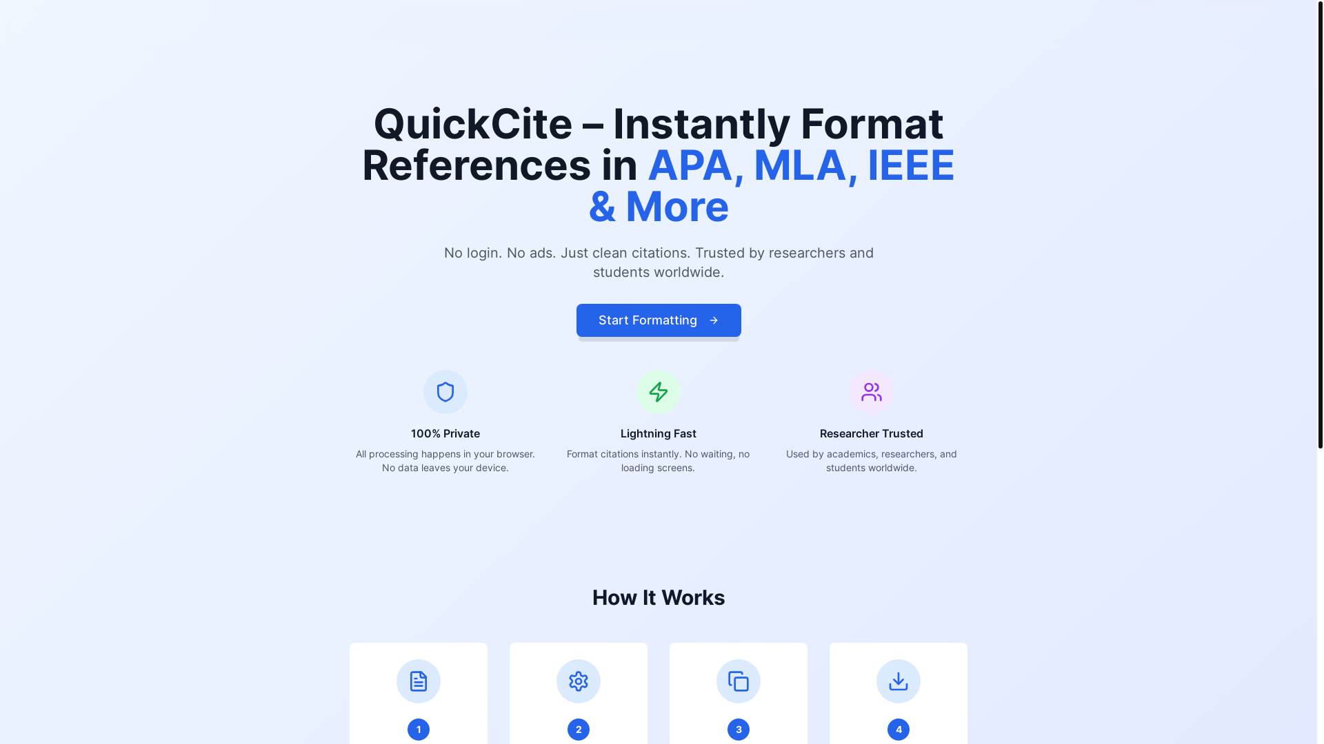 website screenshot of https://quickcite.online/