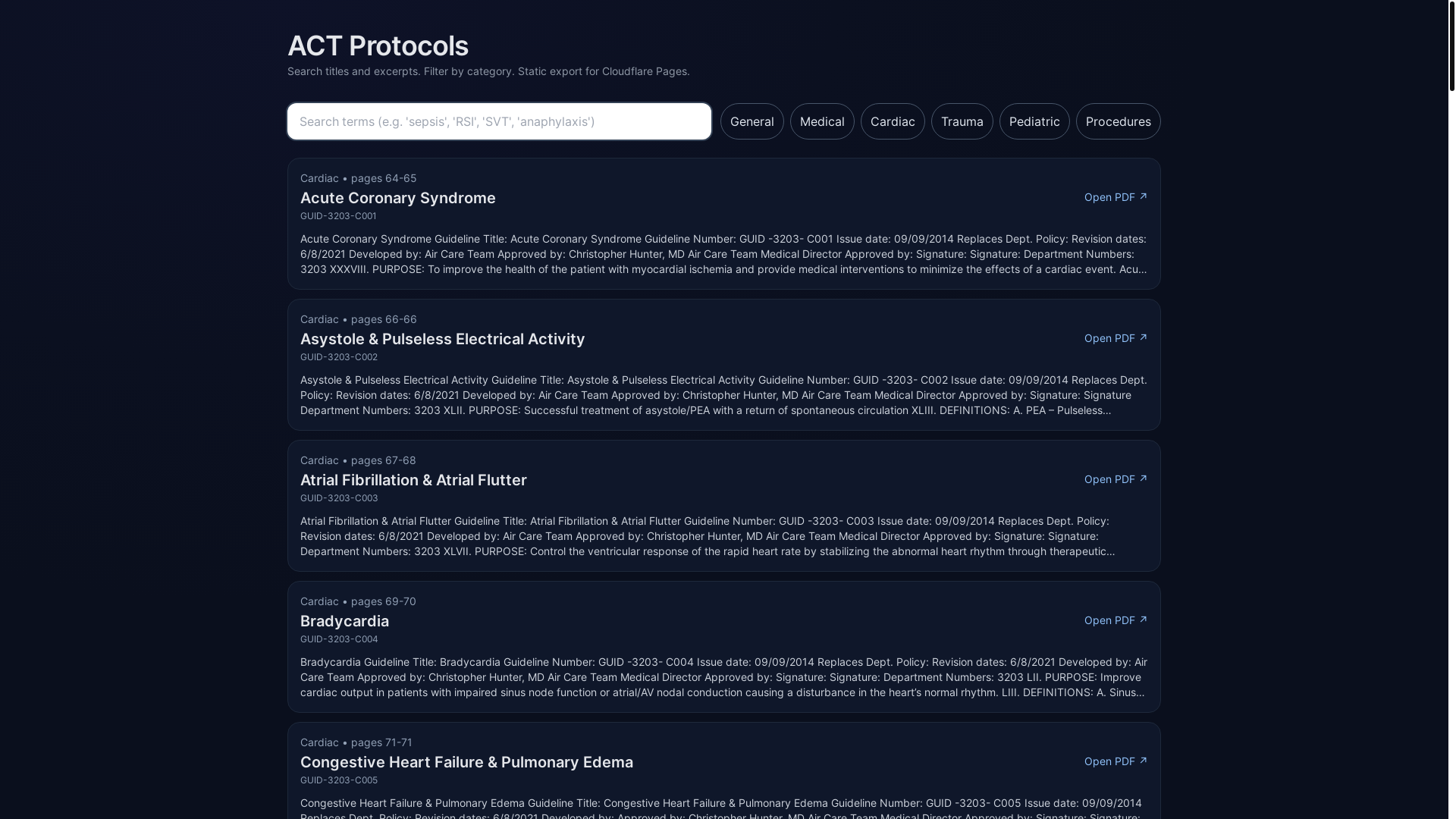 website screenshot of https://air-care-team-medical-treatment-protocols.pages.dev/