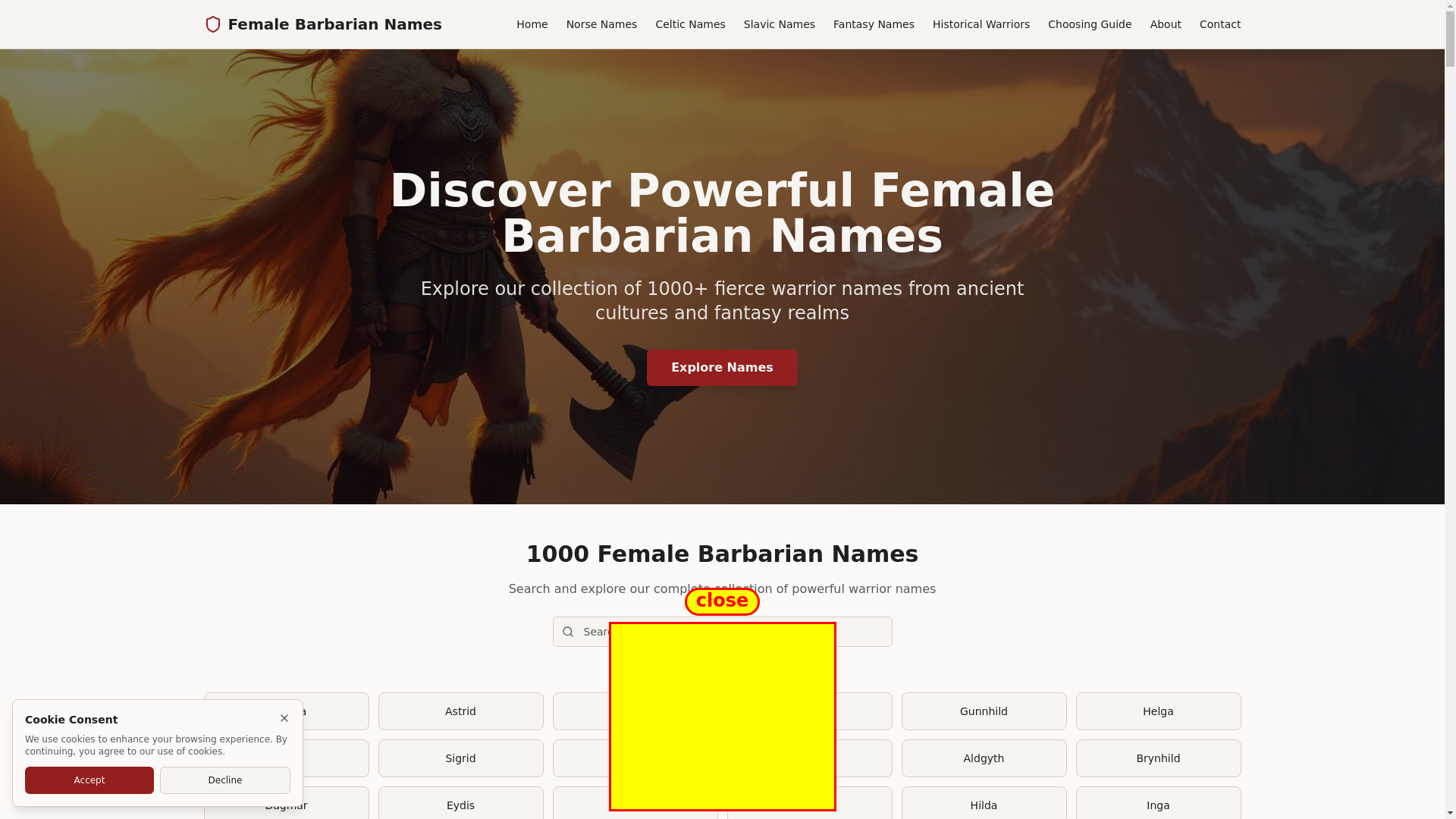website screenshot of https://femalebarbariannames.pages.dev/