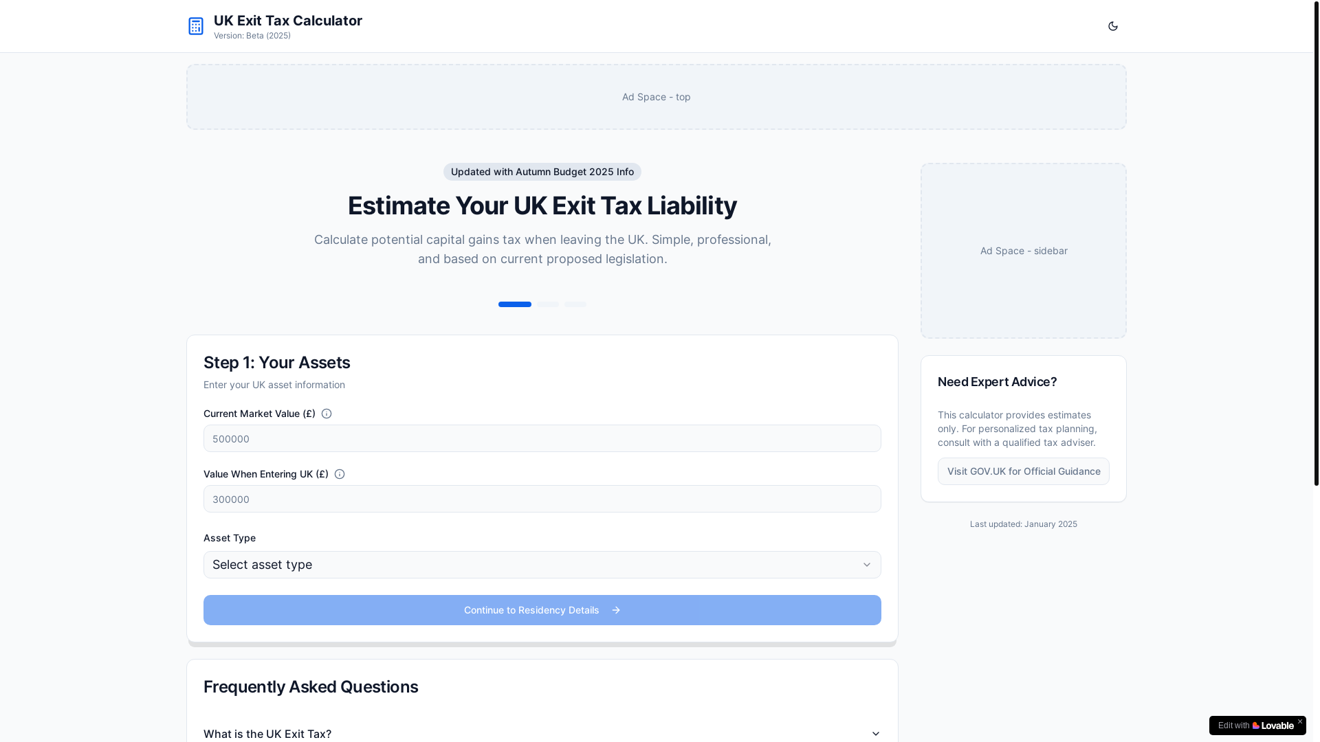 website screenshot of https://exittaxcalculator.com/