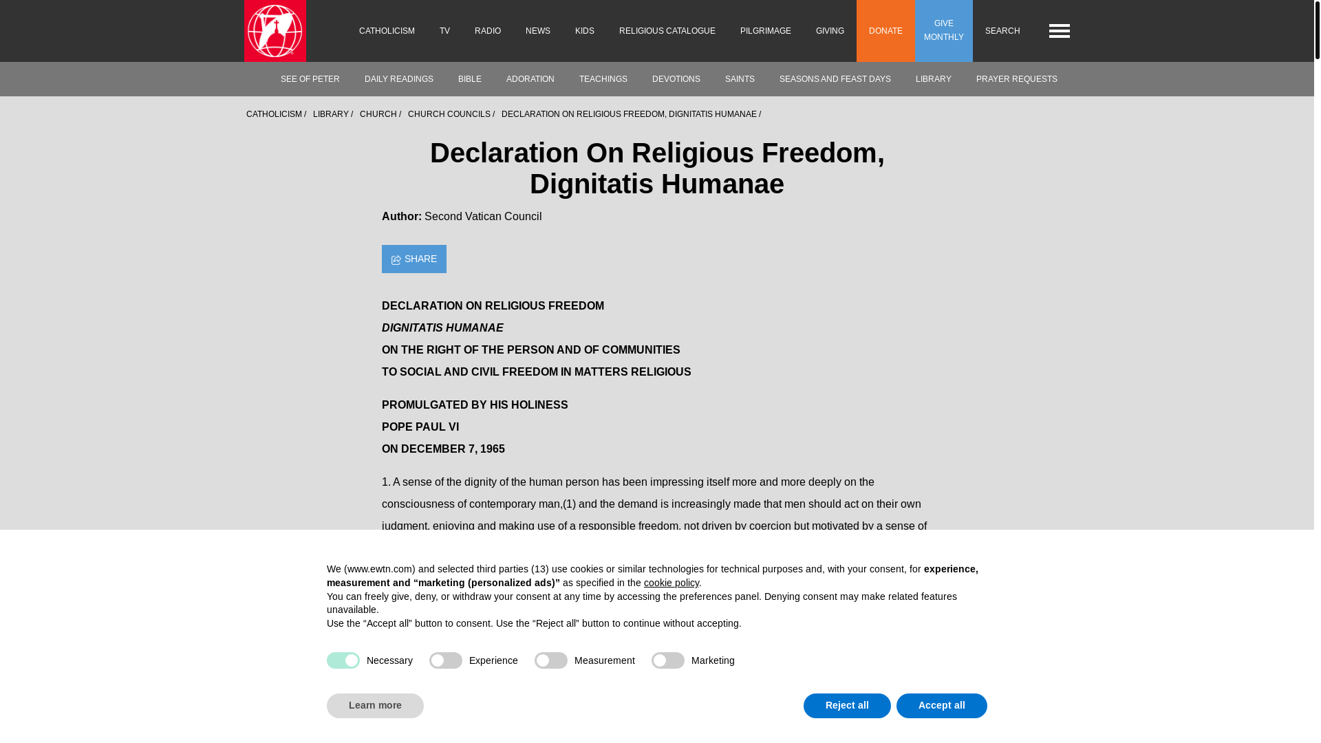 website screenshot of https://www.ewtn.com/catholicism/library/declaration-on-religious-freedom-1537