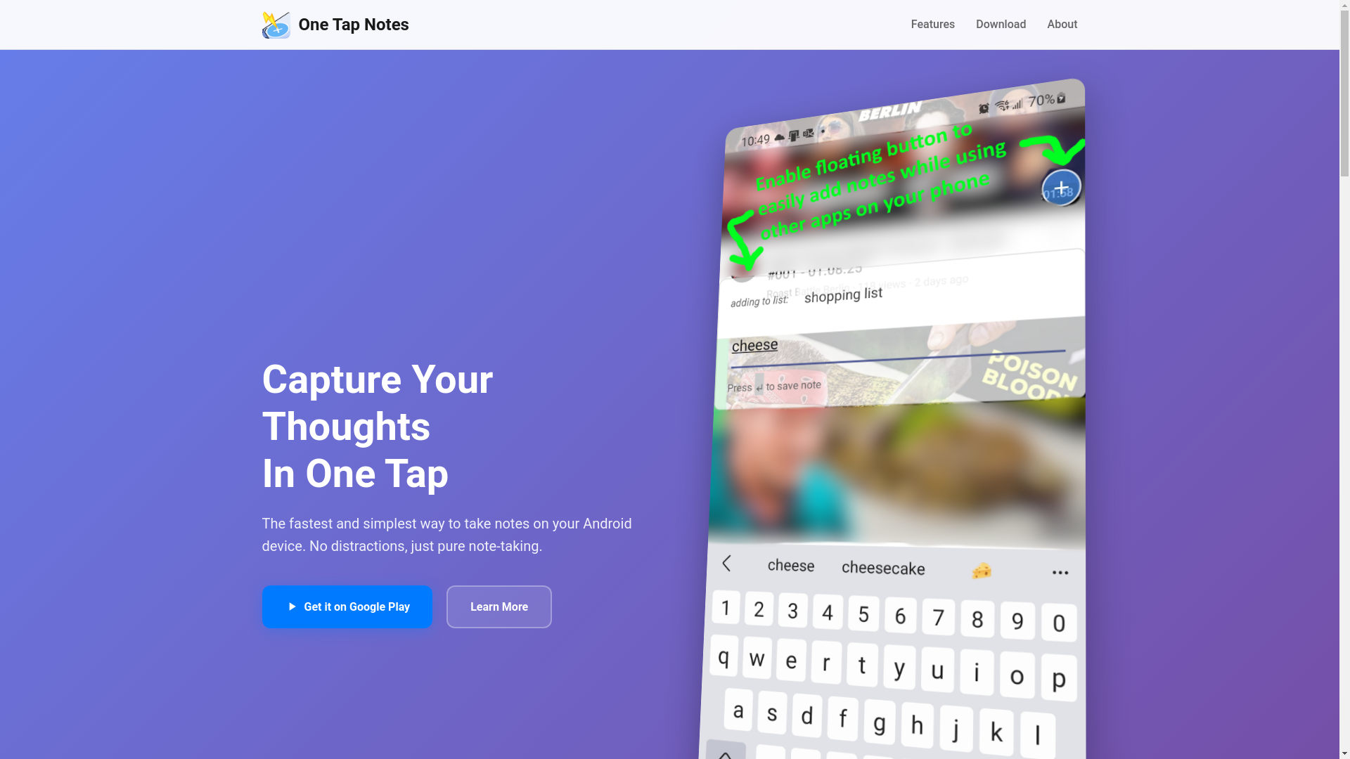 website screenshot of https://onetapnotes.pages.dev/