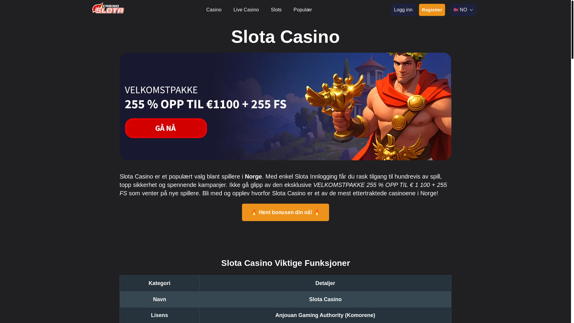 website screenshot of https://slotacasino.no/