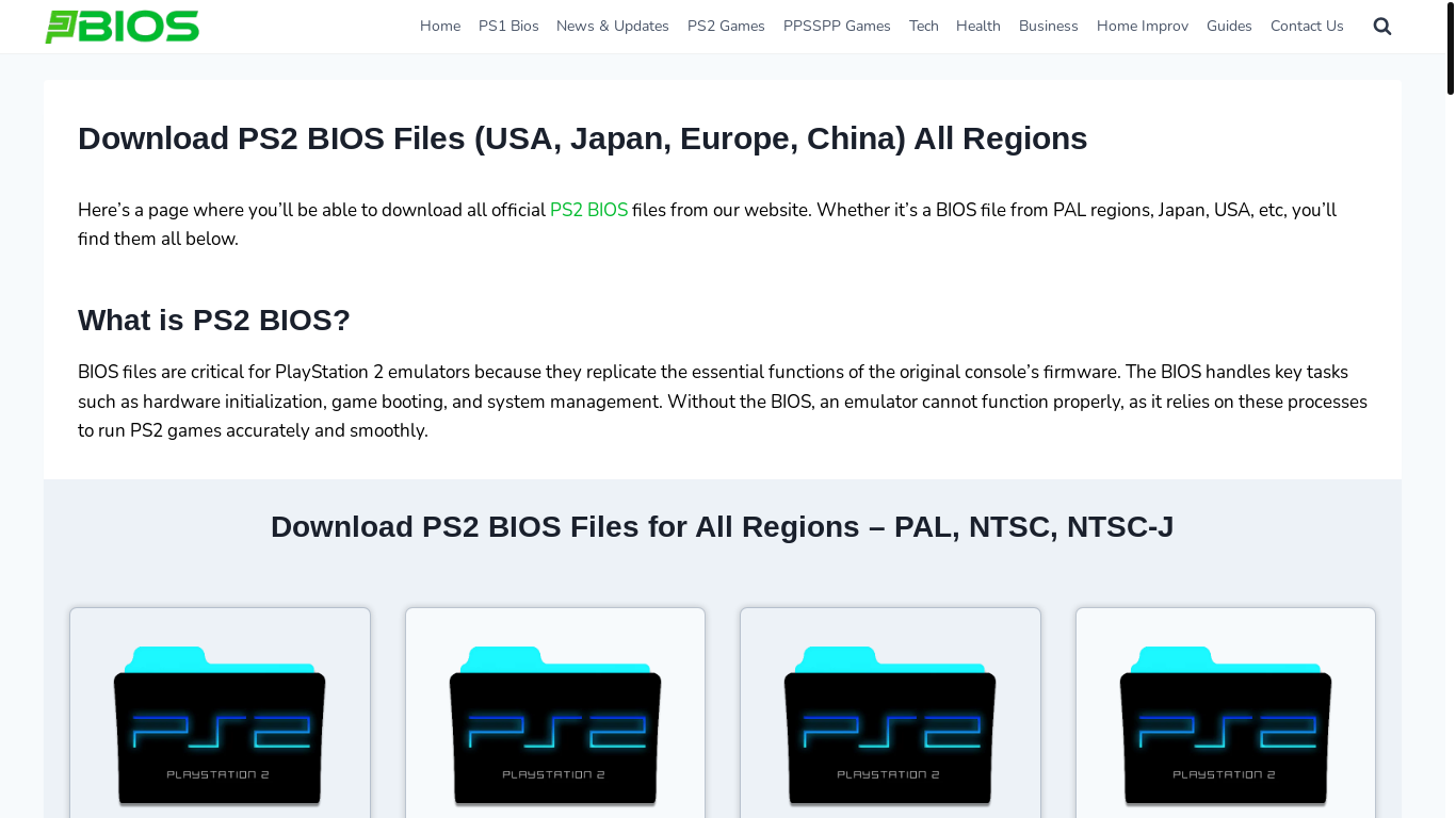 website screenshot of https://psbios.com/download-ps2-bios/