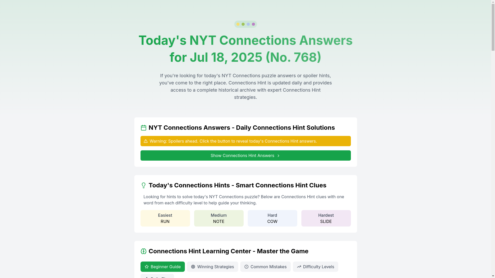 website screenshot of https://connections-hint-app.pages.dev/