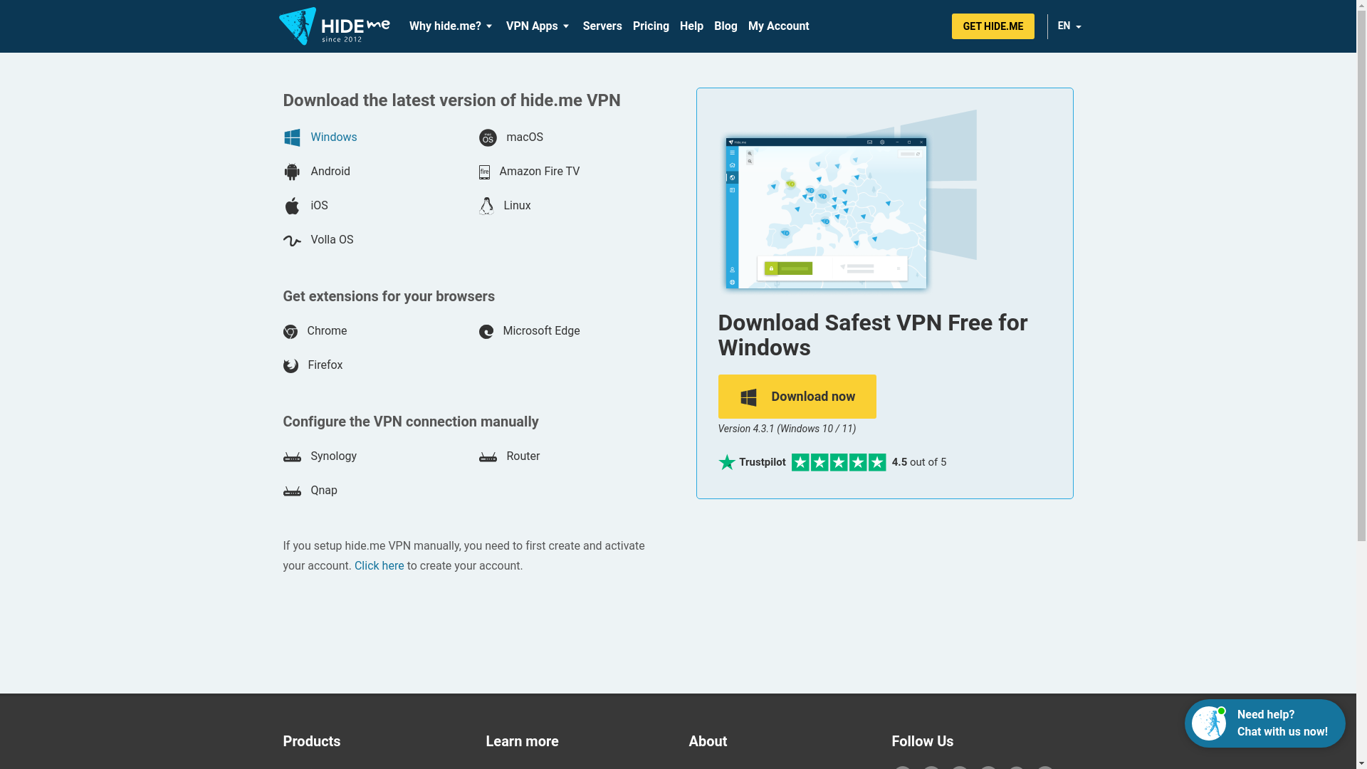 website screenshot of https://hide.me/en/latest/windows