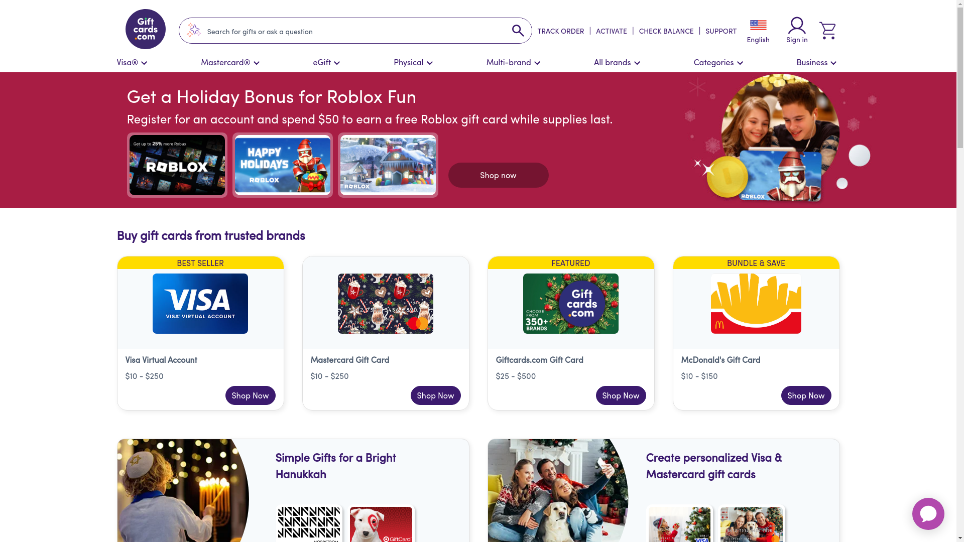 website screenshot of https://giftcards.com/