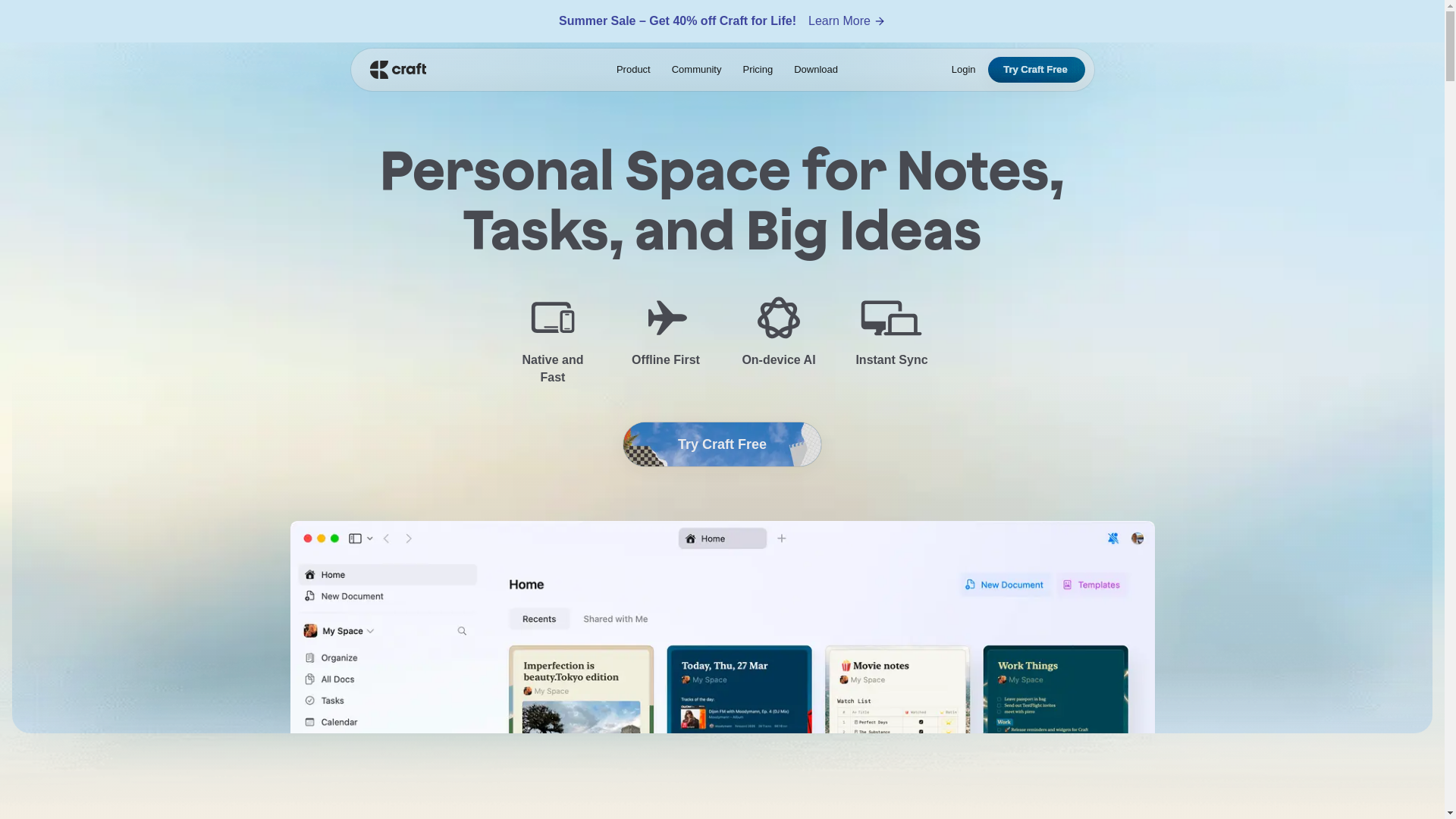 website screenshot of https://craft.do